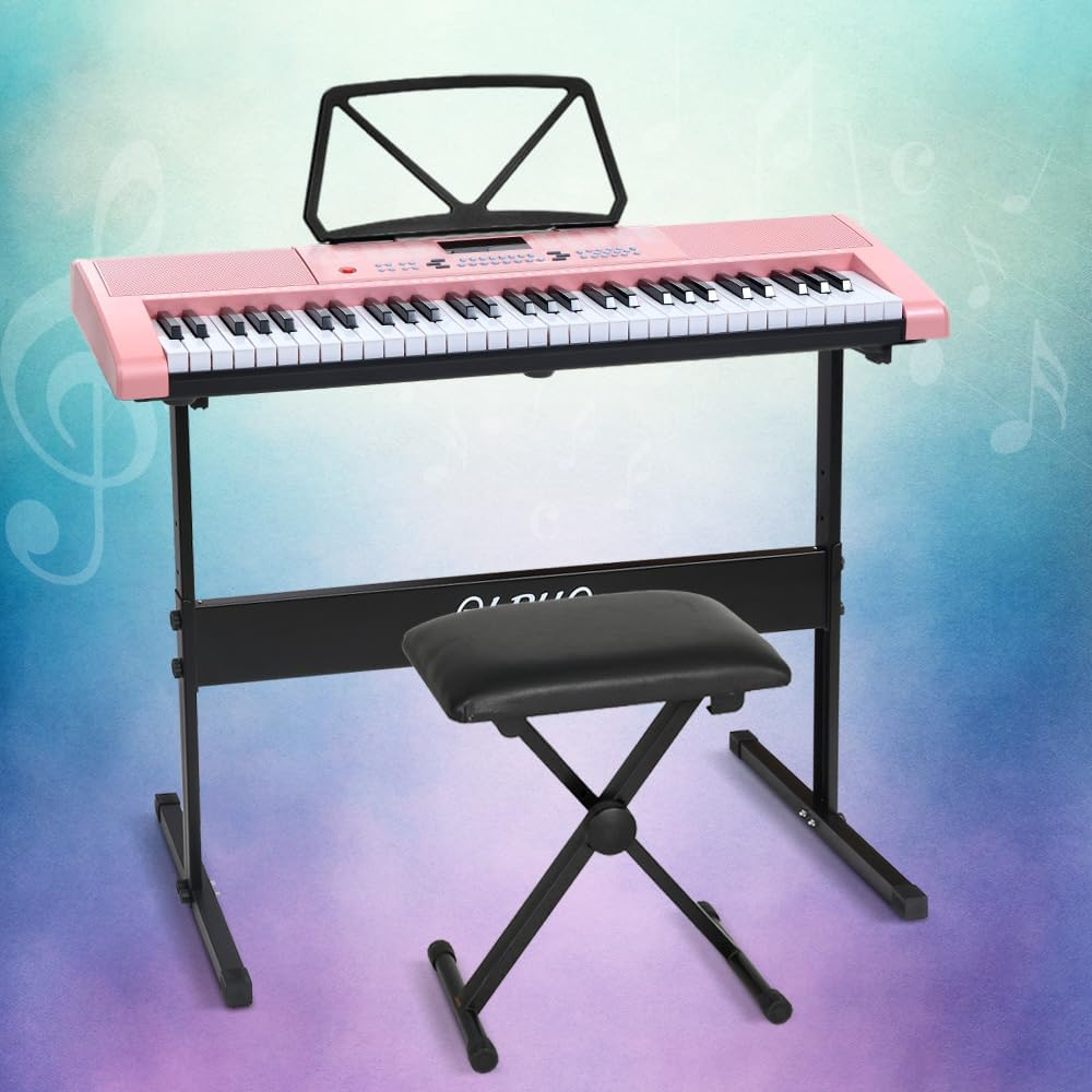 ALPHA 61 Keys Electronic Piano Keyboard Portable Digital Keyboard with Audio Input, Microphone Input, Headphone Output, Tones Rhythms LED Electric Holder Music Stand Adaptor Power Pink image number 2