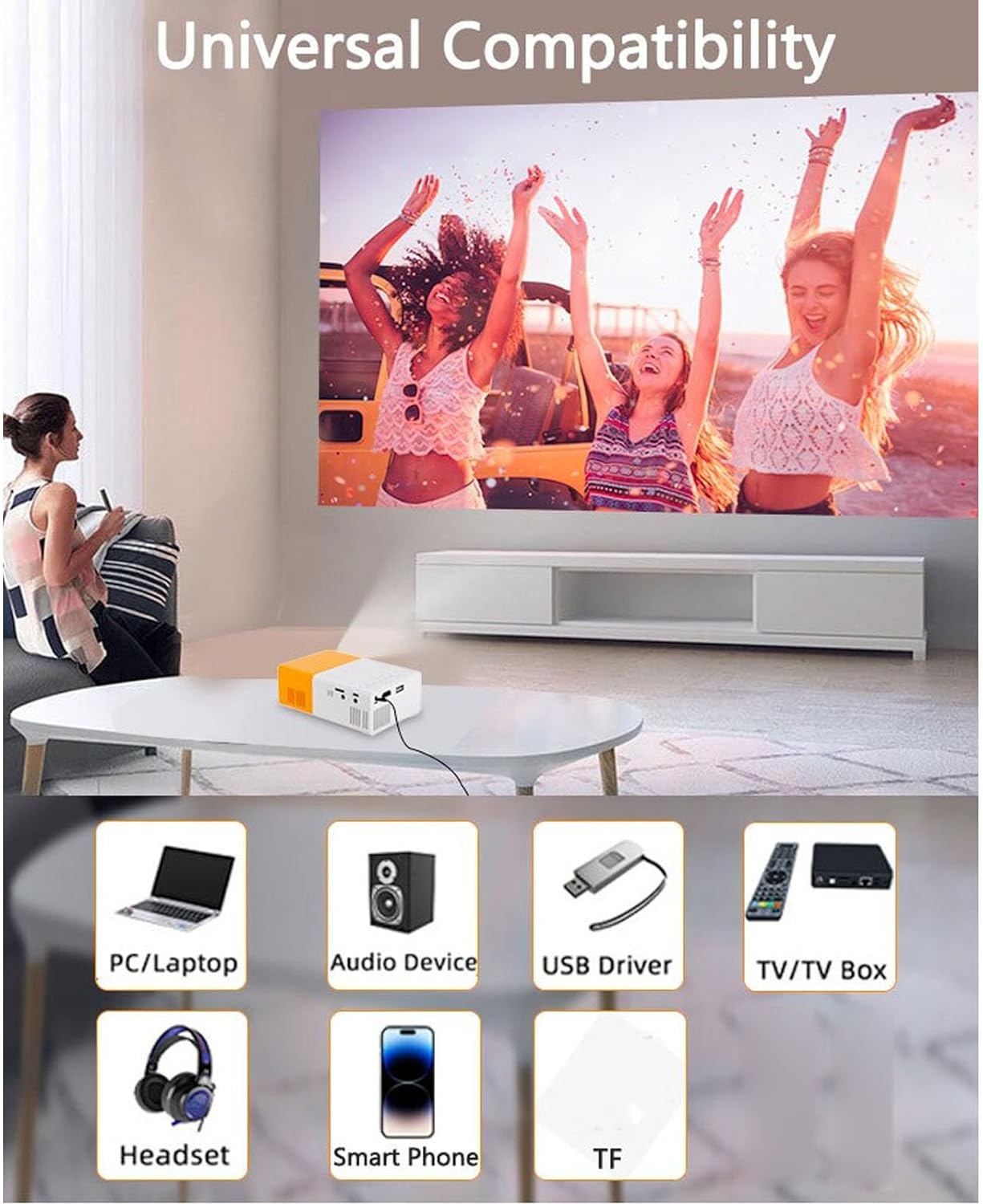 Mini Projector, Full HD 1080P Video Projector Built in Hifi Speaker, Portable LED Pico Projector Compatible with HDMI,USB,AV, TF Card, Home Theater Movie Projector for Kids (AU image number 3