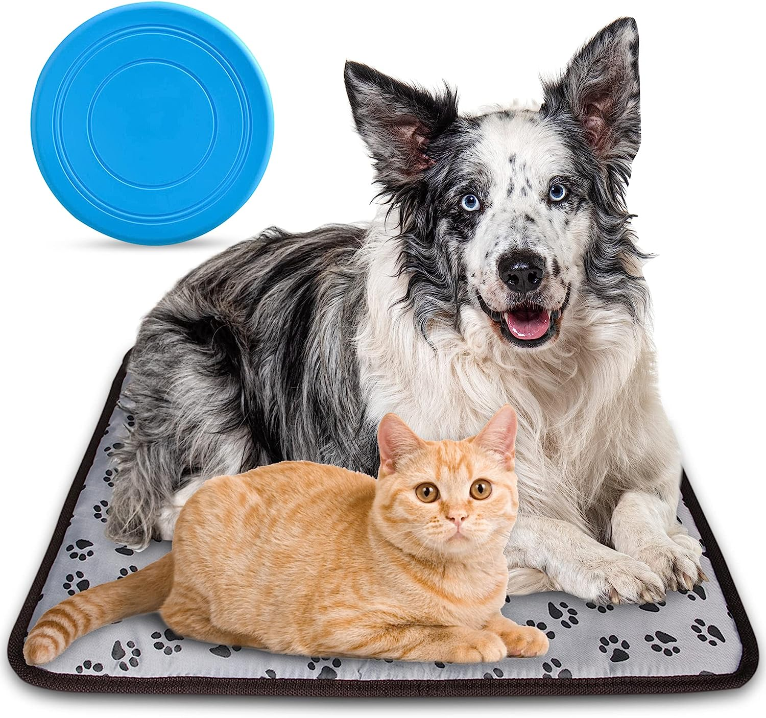 Ozzycozy Waterproof Pet Heated Mat for Cats and Dogs, Remote Controlled Heating Pad with Indicator, Bite-Resistant Cable - Gray Footmark Design, 45X45Cm, （Free Bonus: Pet Frisbee Toy） image number 1