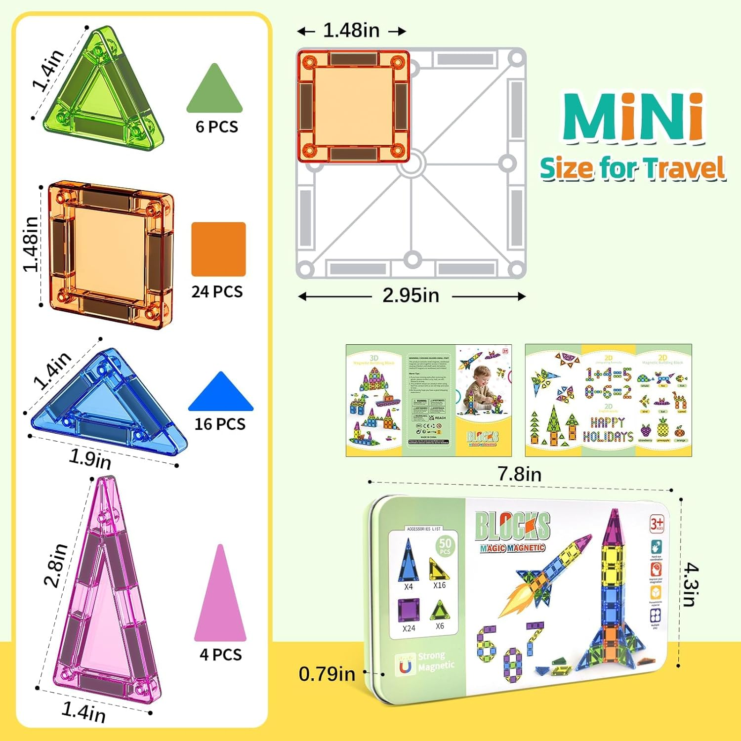Mini Magnetic Tiles Travel Magnetic Tiles with Box, 50 PCS Magnet Building Block Set Travel Toys for Kids Ages 3+, Educational Portable Magnet Toys Gifts for Toddlers Boys & Girls Christmas Birthday image number 6