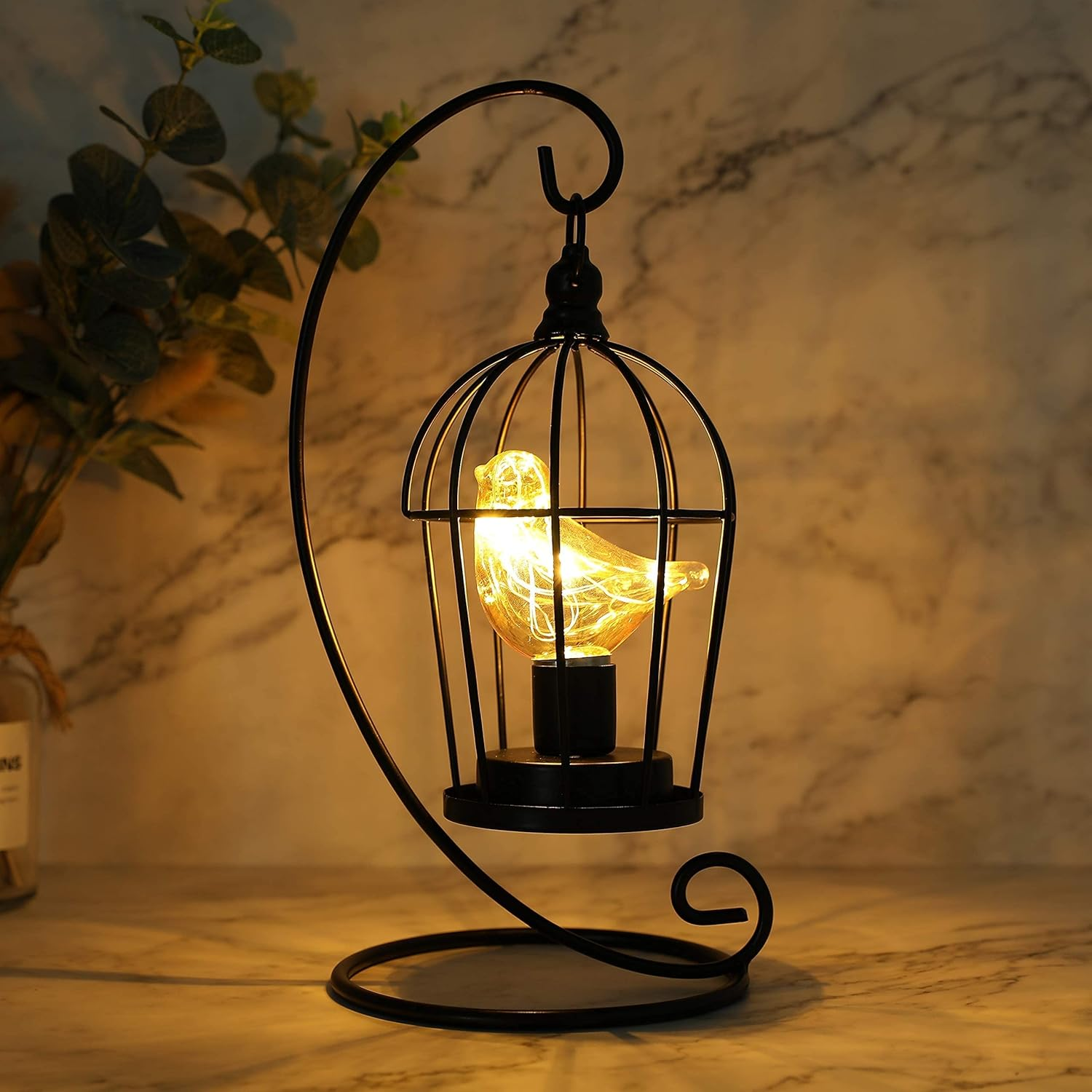 JHY DESIGN Birdcage Decorative Lamp Battery Operated 30CM Tall Cordless Accent Light with Warm White Fairy Lights Bird Bulb for Living Room Bedroom Kitchen Wedding Xmas(Black)