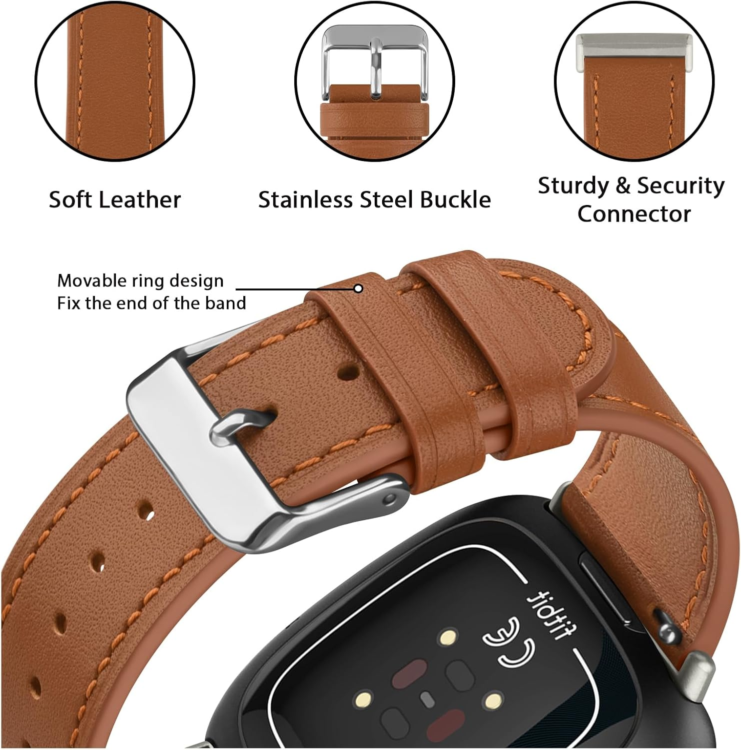Leather Strap for Fitbit Versa 4 Band&Sense 2 Band, for Men Women, Soft Adjustable Sport Leather Replacement Straps for Fitbit Versa 4/3 / Sense 1/2 image number 3
