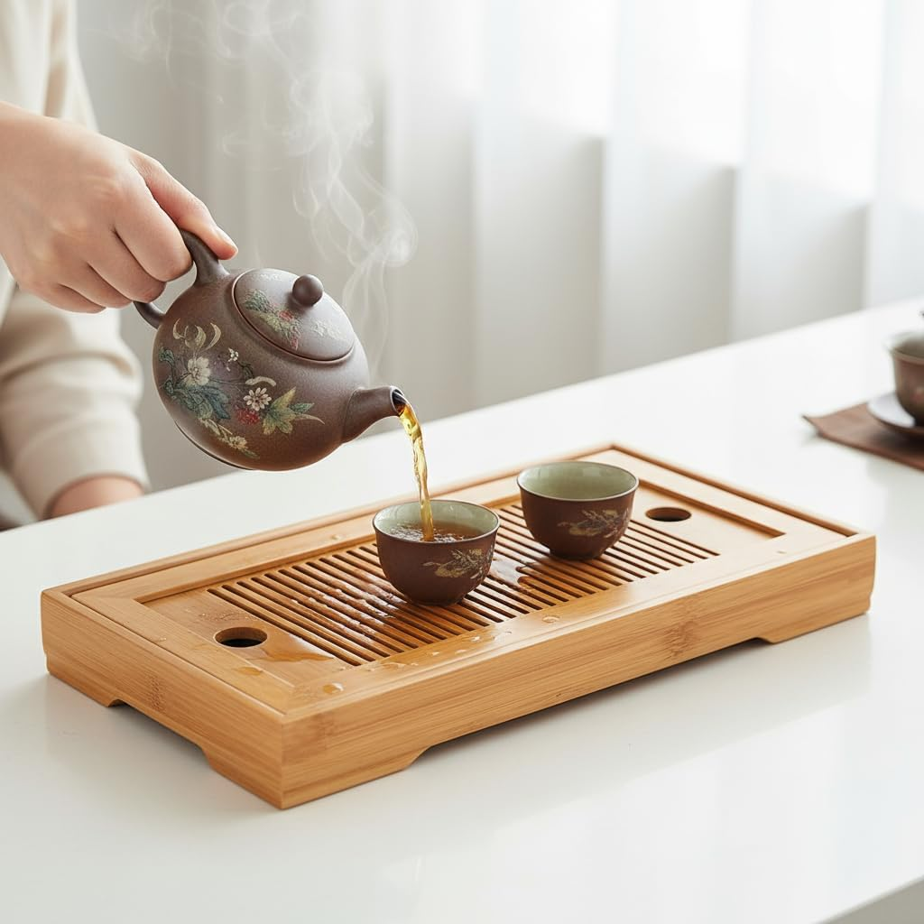 Candeon Bamboo Tea Tray, Chinese Gongfu Tea Tray, Kungfu Tea Table, Double Layer Tea Serving Tray, Tea Tray for Small Tea Set, Tea Serving Table for Tea House, Home Office, 27 X 14 X 3 Cm image number 2