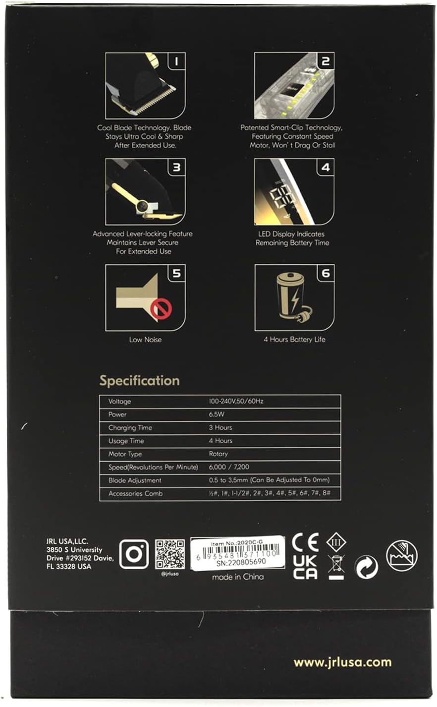 Amazon Series JRL Fresh Fade 2020C-G Clipper - Professional Hair Clippers W/Cool Blade Technology for Men'S Grooming - Rechargeable Clippers W/Lcd Display and Corrosion Proof (Gold) image number 3
