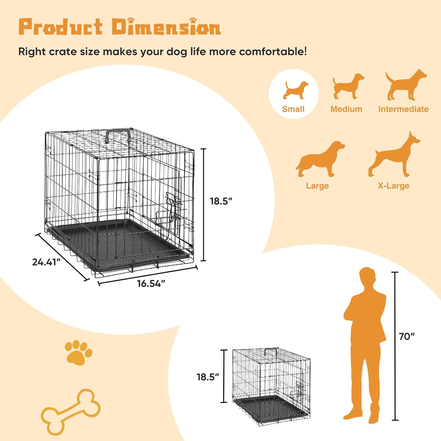 DUMOS Dog Crate, 24 Inch Small Double Door Dog Cage with Divider Panel and Plastic Leak-Proof Pan Tray, Folding Metal Wire Pet Kennel for Indoor, Outdoor, Travel