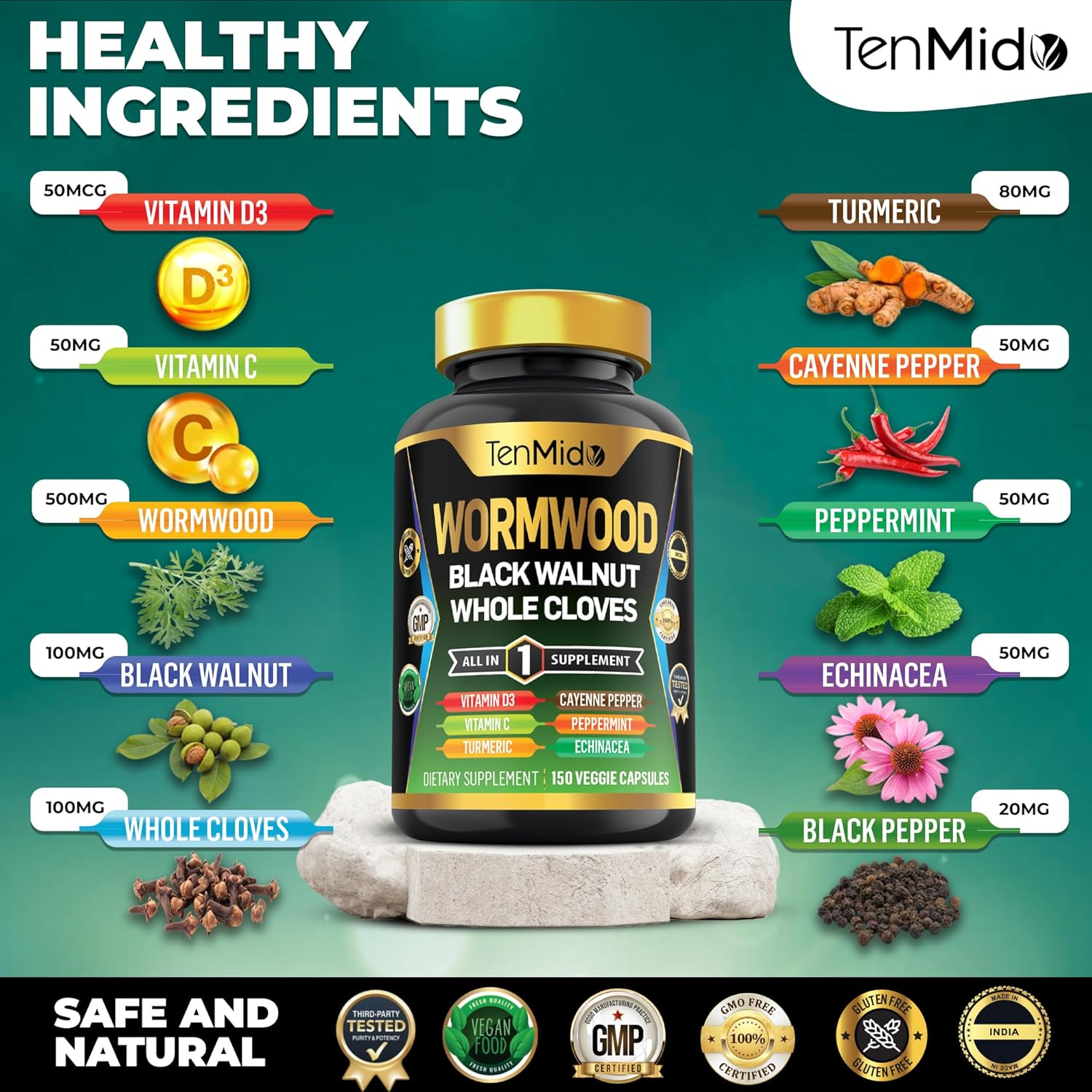 Tenmido Wormwood Capsules Supplement for Men and Women, 10In1 Formula with Black Walnut, Whole Cloves, Turmeric, Cayenne Pepper & More - Digestive, Immune Support - Nutrient Rich - 150 Capsules