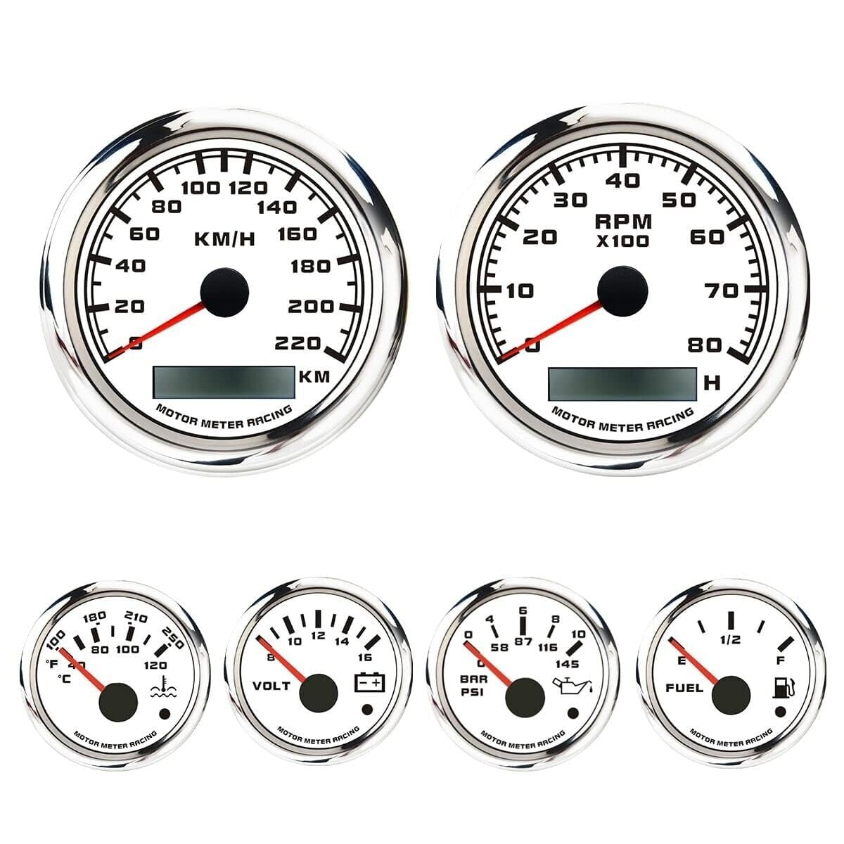 MOTOR METER RACING W PRO Series 6 Gauge Set - 85Mm GPS Speedometer 220 KMH & Tachometer 52Mm Volt, Fuel Level, Water Temperature & Oil Pressure White Dial Red LED - for Car Boat Marine Truck image number 5