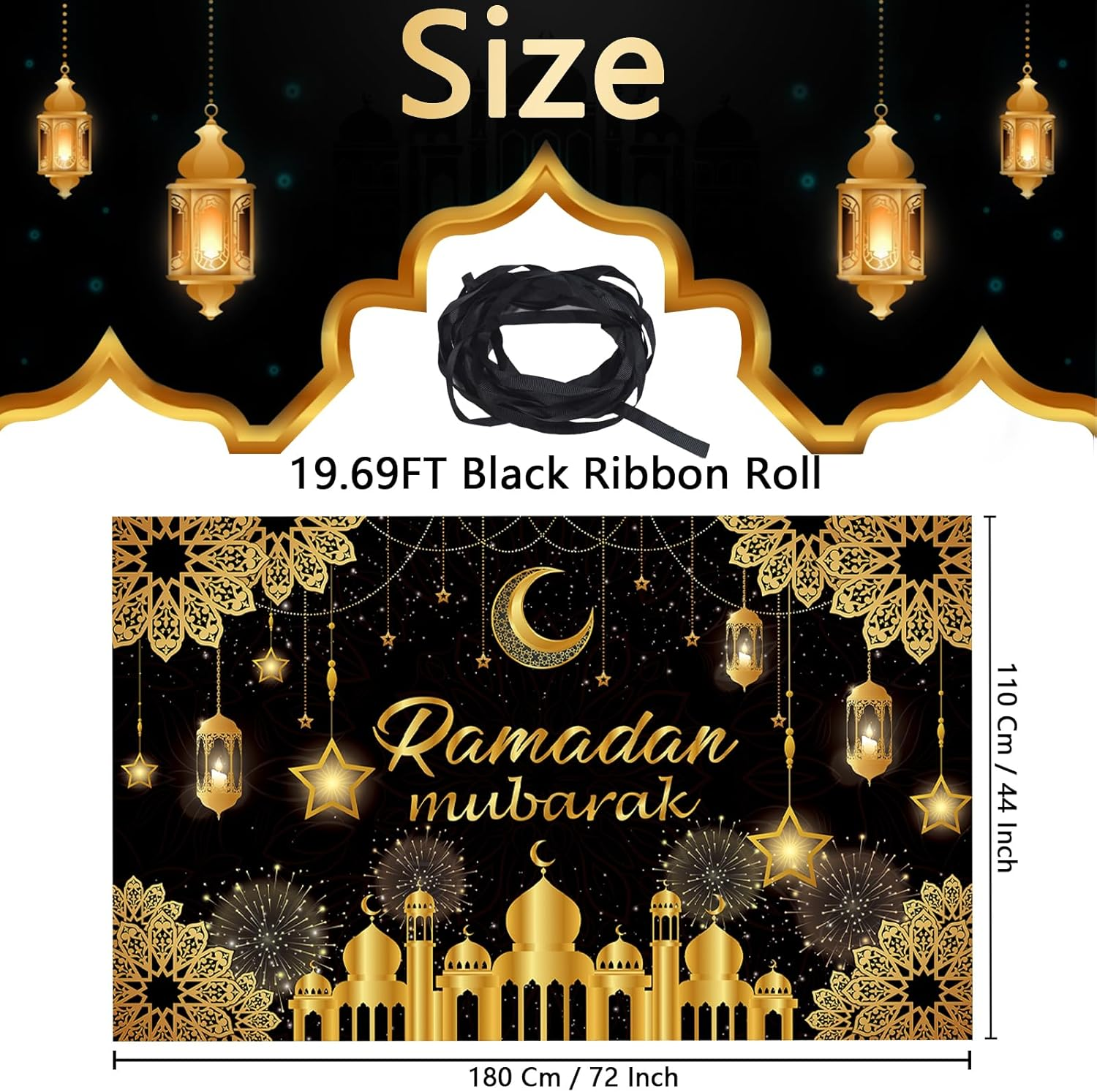 Ramadan Mubarak Banner 2025, Extra Large Fabric Eid Kareem Backdrop for Decorations, 72 X 44 Inch Star Moon Lanterns Castles Photo Booth Background for Islamic Muslim Al-Fitr Party Supplies image number 5