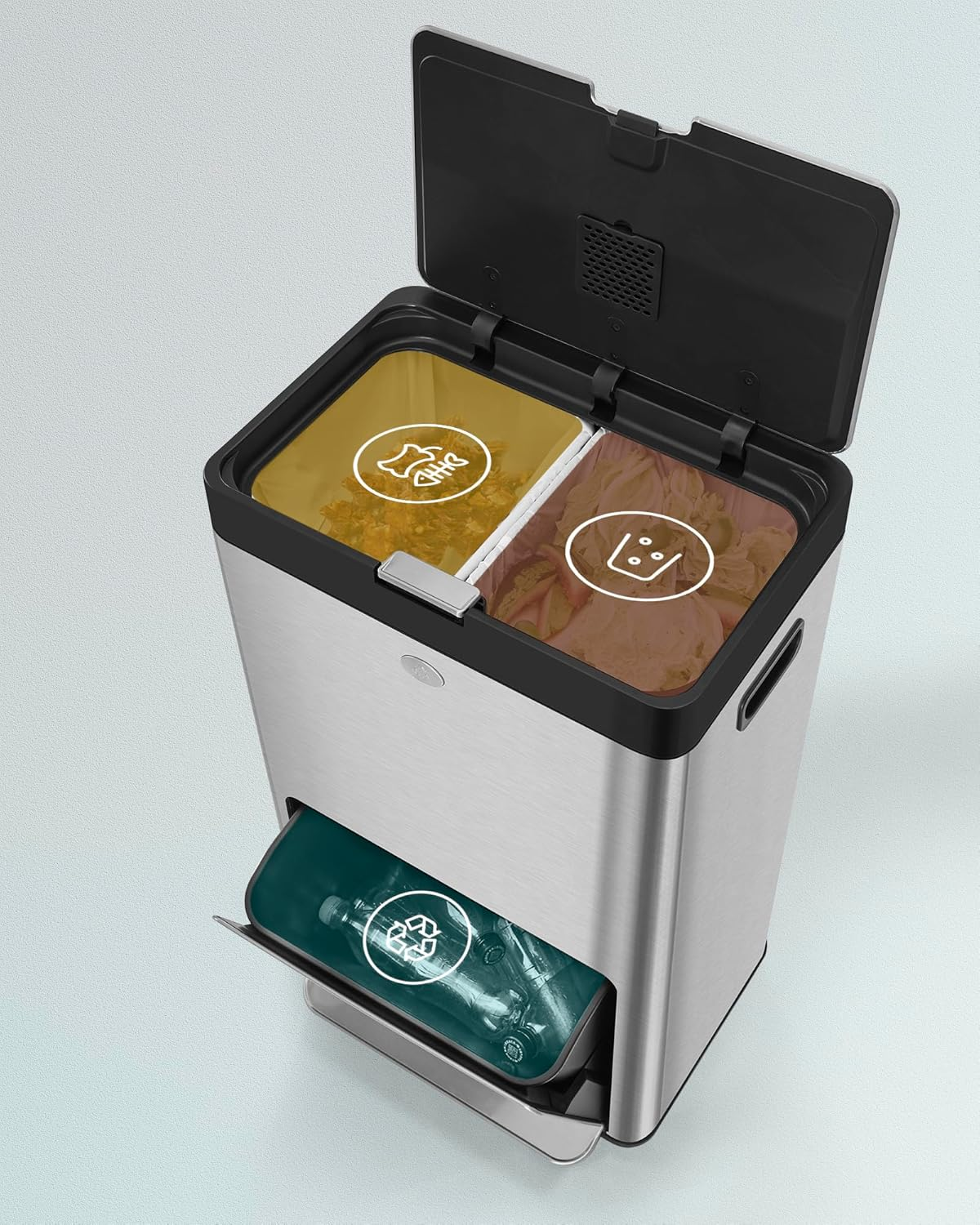 SONGMICS Kitchen Bin, 2 X 17L and 26L Volumes, 3-Compartment Bin for General Waste, Food Waste, and Recycling, Carbon Filter, Wide Pedal, Silver LTB550E60 image number 1