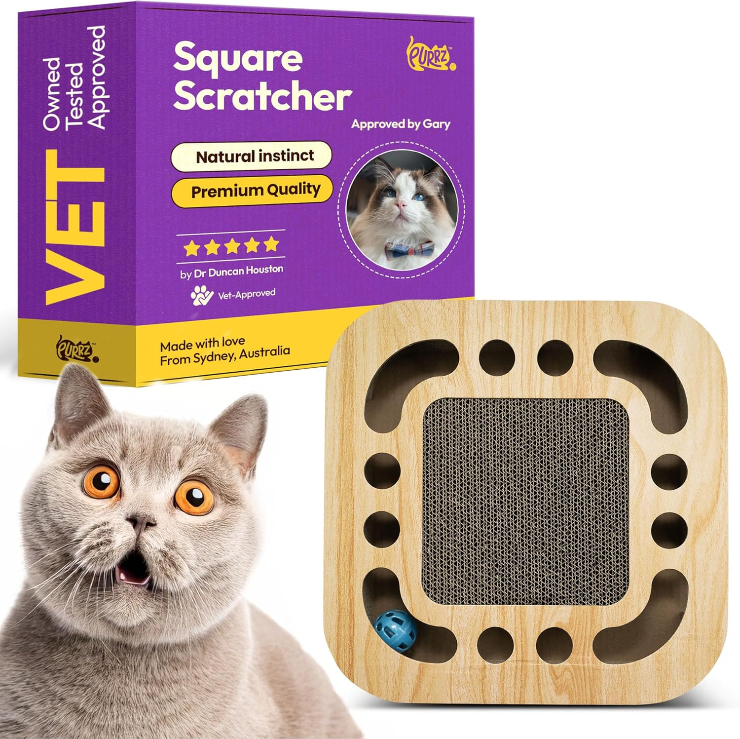 2-In-1 Cardboard Cat Scratcher with Jingle Ball &ndash; Cat Lounge Scratch Pad & Interactive Toy, Anxiety & Stress Relief (Square)