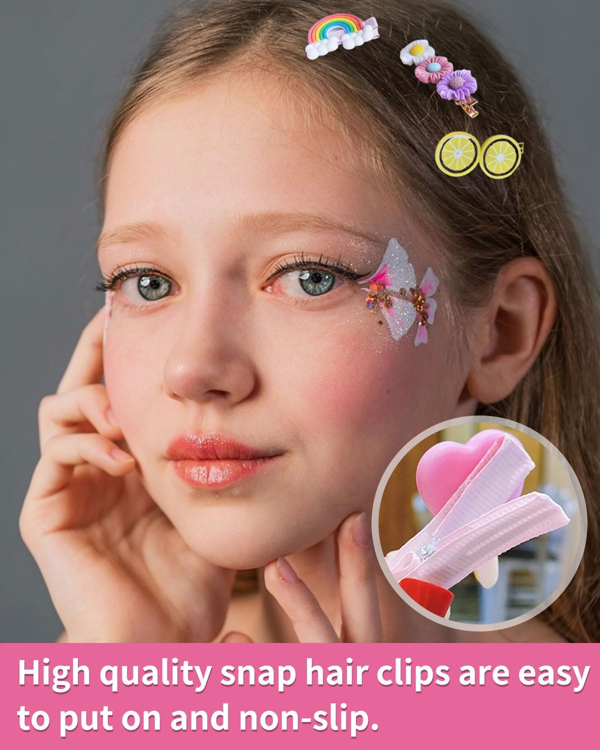 BPTRKOM 42 Pieces Hair Pins - Girls Baby Girl Rainbow Clips Hair Pins Hair Pin Accessories with Multicoloured Flower and Fruit Motifs for Girls Children as Birthday Gift (Pink+Yellow+Purple) image number 5