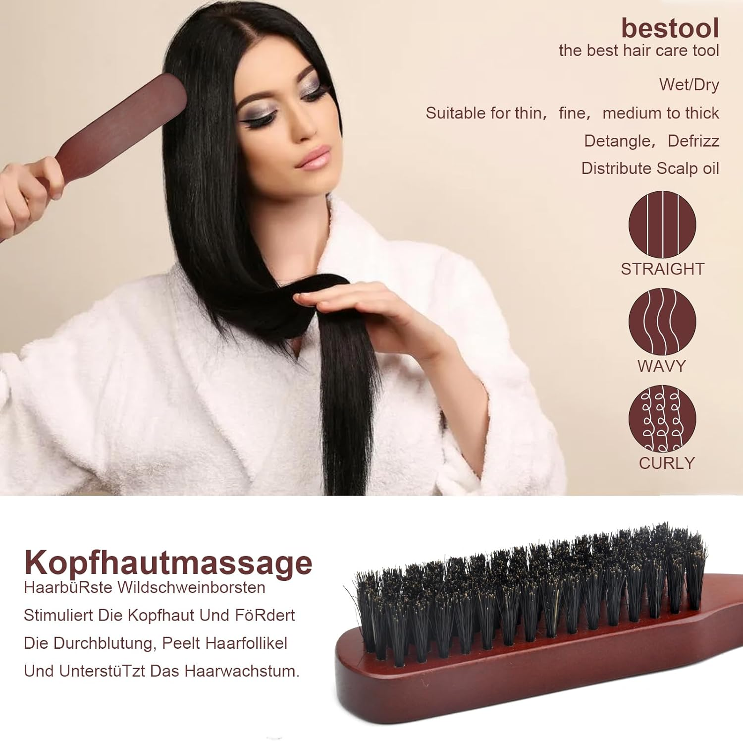 HENGBIRD Boar Bristle Hair Brush, 2 Hair Brush, Beard Brush, Wet Brush, Sleek Bun Brush, Wild Boar Bristles, Teasing Hair Brush, Tail Comb, Professional Salon Comb, Reduces Hair Breakage image number 1