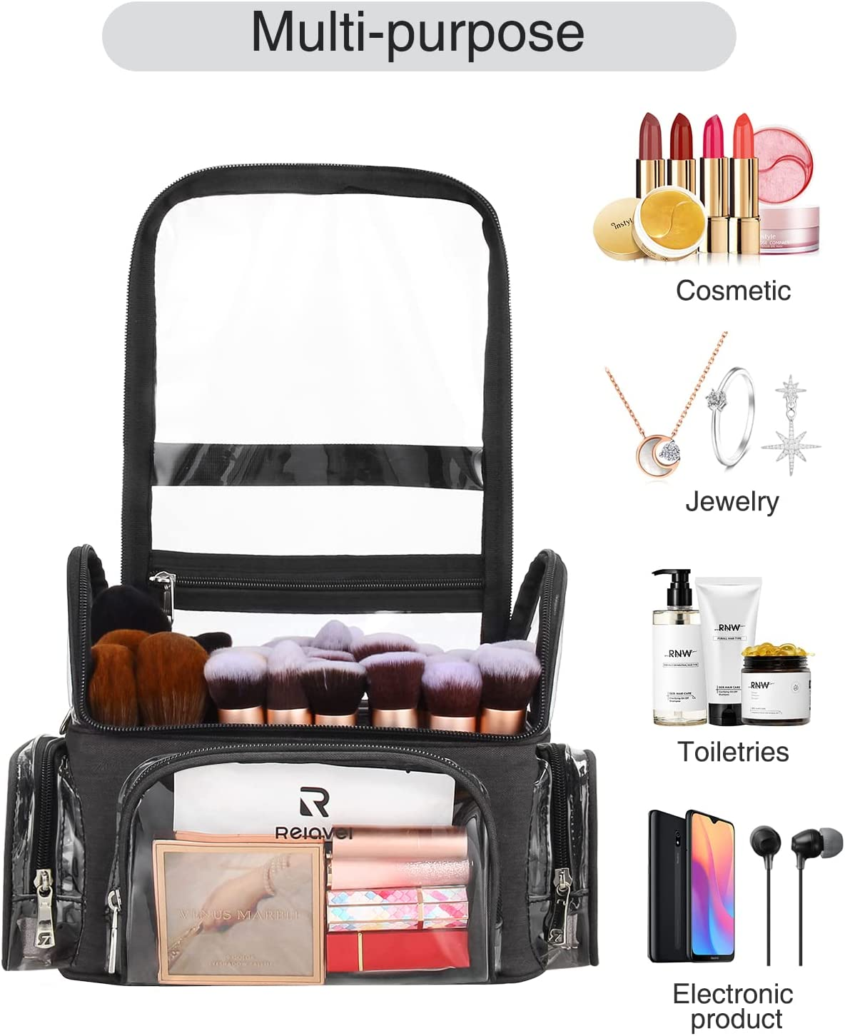 Relavel Makeup Brush Case, Large Makeup Brush Holder Professional Makeup Artist Travel Case Clear Waterproof Cosmetic Organizer Bag, Full Open Easy to Access, with Adjustable Strap and Dividers, Black image number 6