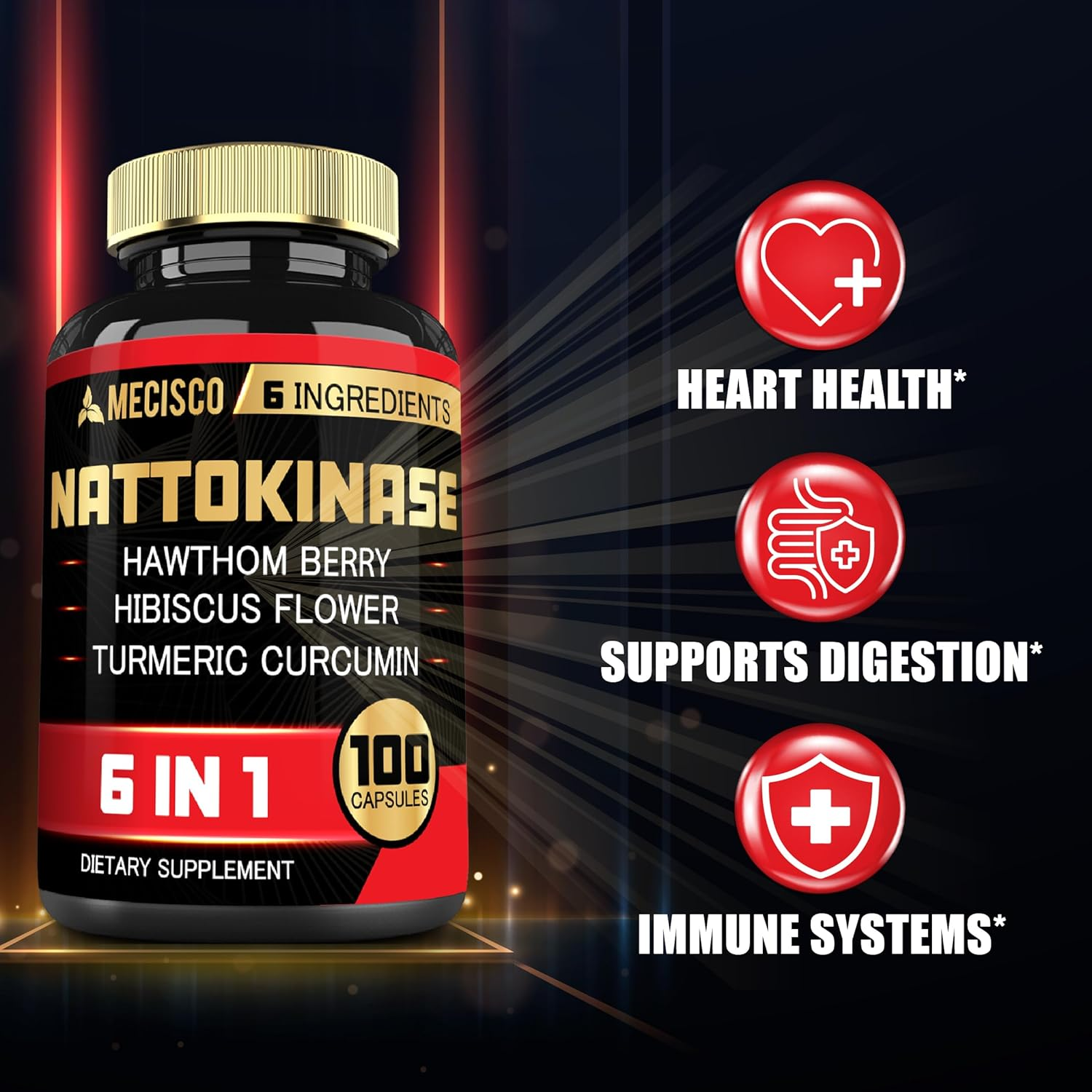 6In1 Nattokinase 2000 Fu Capsules with Hawthorn Berry, Hibiscus Flower & More - 100 Capsules - Nattokinase Supplement Supports Digestion, Heart Health & Immune System image number 1