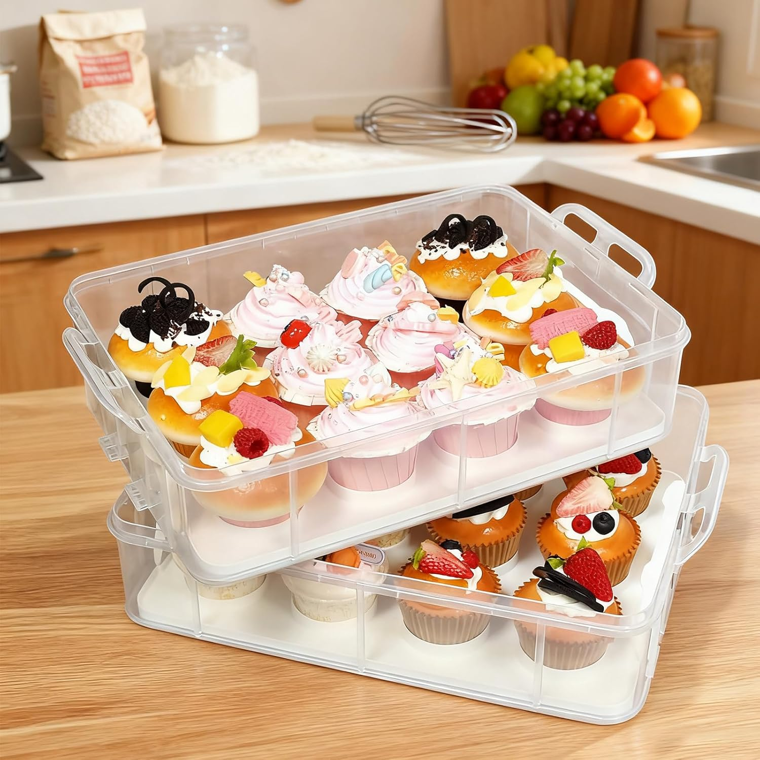 NNAKLLI Plastic Cupcake Carrier, Stackable Cupcake Holder Carries with Lid & Handles, Fruits, Cookie, Cake, Cupcake and Brownie Storage Carrier, Reusable Cupcake Boxes (Transparent, 24 Holders)