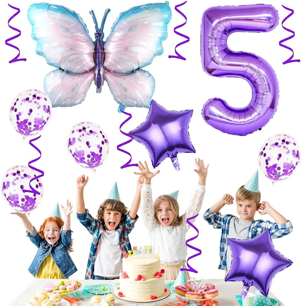 5 Years Butterfly Birthday Decoration Large Colourful Butterfly Foil Balloon 5Th Birthday Butterfly Balloon Purple Number 5 Balloon for Girls Birthday Party - 3 image number 2