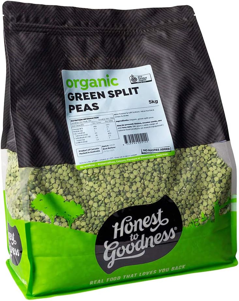Honest to Goodness, Organic Green Split Peas, 5Kg - Mild Earthy Flavour and Soft Texture Once Cooked. Thicken Soups and Stews or Make Dips and Spreads.