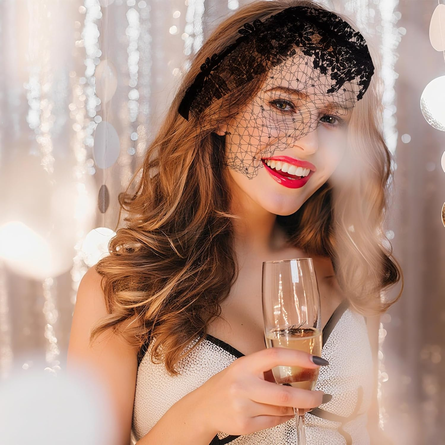 NICENEEDED Lace Headband with Mesh Veil for Women Elegant Headpiece for Weddings Black Vintage Hair Accessory with Rhinestones image number 1