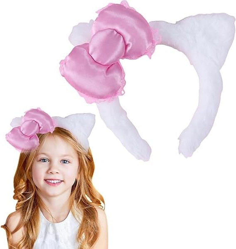 Cat Ears Headband Pink Bow White Hair Accessories, Kitty Bow Costume Hair Accessories Kawaii Stuff Gift image number 5