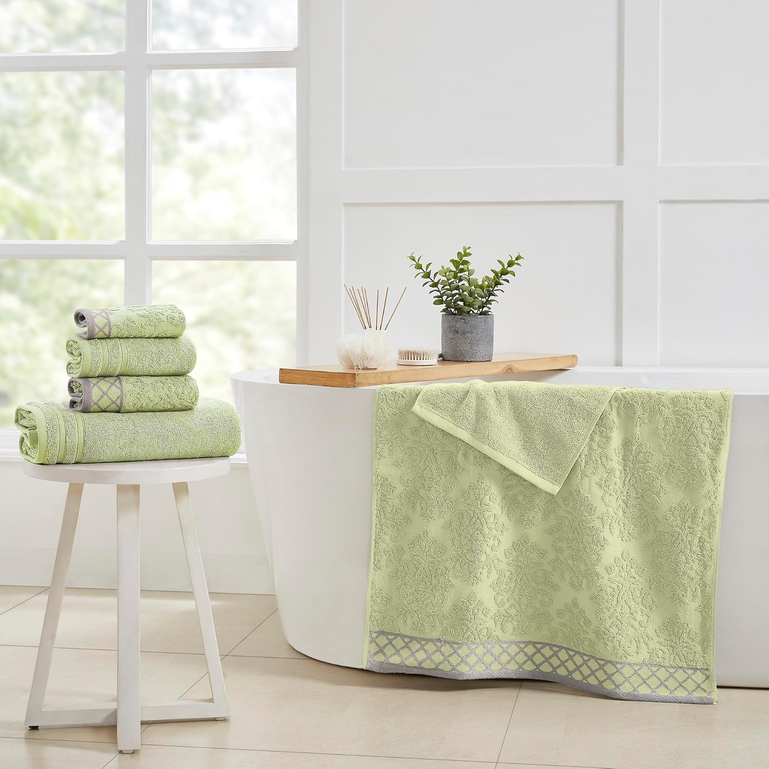 Modern Threads 6-Piece Damask Jacquard/Solid Ultra Soft 550GSM 100% Combed Cotton Towel Set with Embellished Borders [Sage] - Ivory image number 1