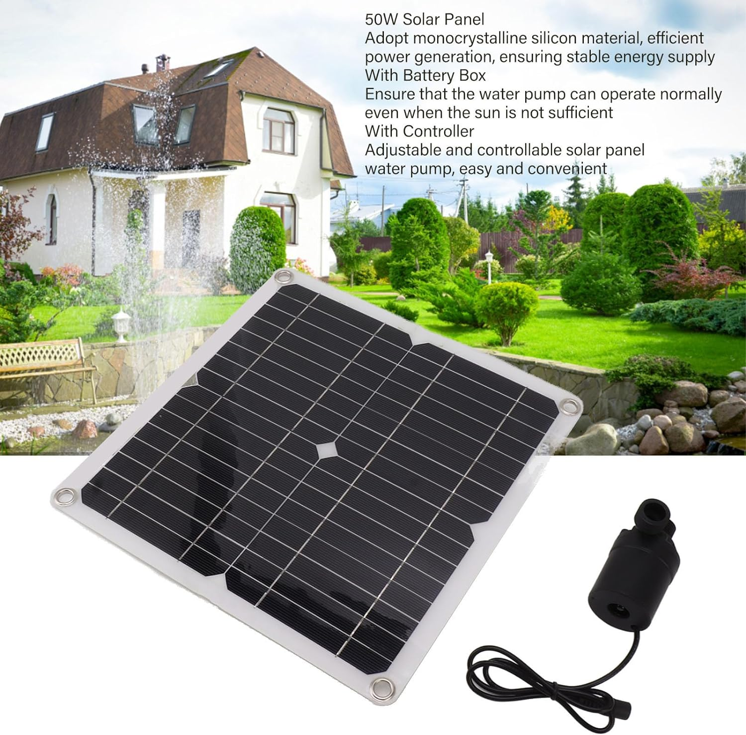 Fdit Solar Water Pumps Kit, 50W Monocrystalline Solar Panel with 22W DC12V Fountain Pump and Battery Box for Garden Pond Outdoor