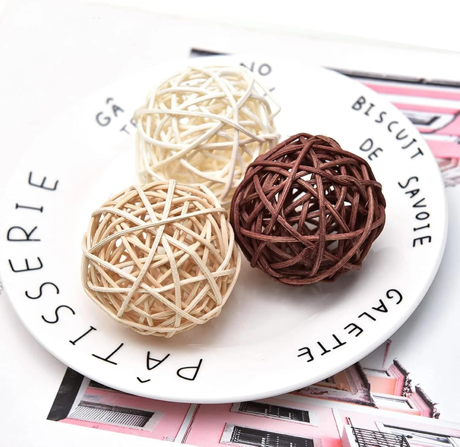 [15 Pcs Natural Wicker Rattan Balls] Bowl & Vase Fillers | Decorative Orbs for Wedding, Home, Farmhouse Centerpieces | Handmade Splinter-Free Bird Chew Toys (White/Beige/Coffee)