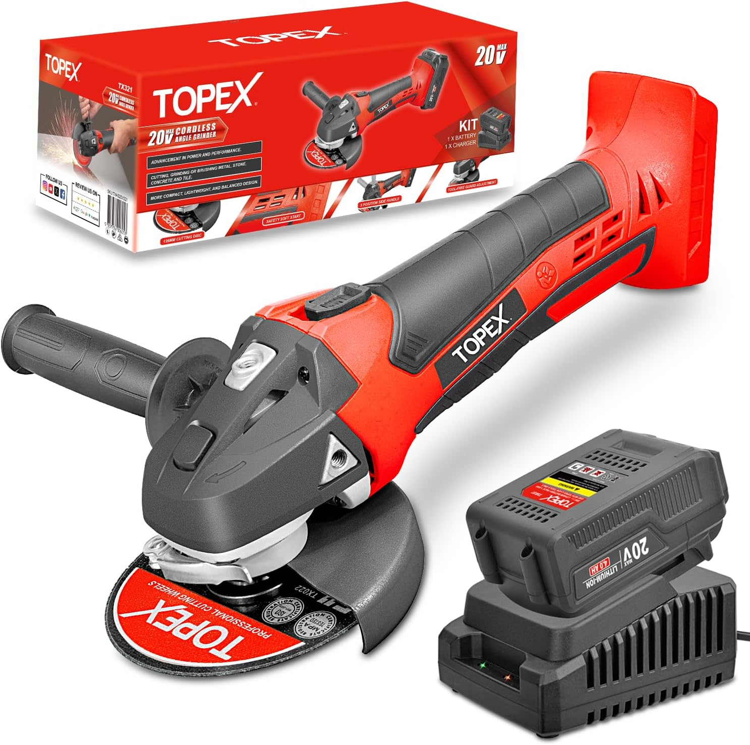 TOPEX 20V Cordless Angle Grinder 125Mm with 4.0 Ah Li-Ion Battery and Fast Charger, 8500 Rpm, 3 Position Side Handle Grinding Cutting Power Tool Includes Grinding Disc, Soft Start image number 6