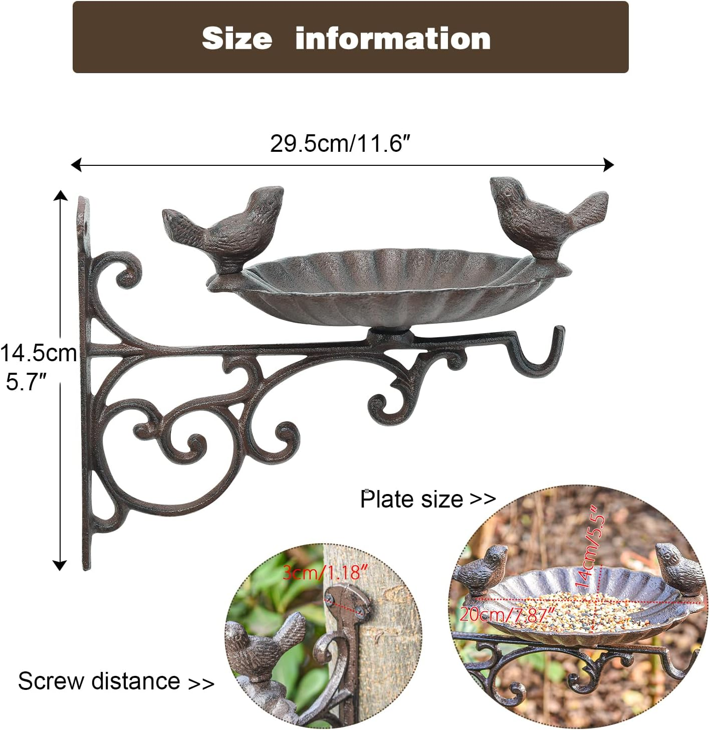 Sungmor Heavy Duty Cast Iron Bird Feeder with Hanging Bracket - Wall Mounted Bird Bath - Vintage & Lovely Birds Hanger Wall Hook for Planters, Lanterns, Wind Chimes and More Garden Decorative Items