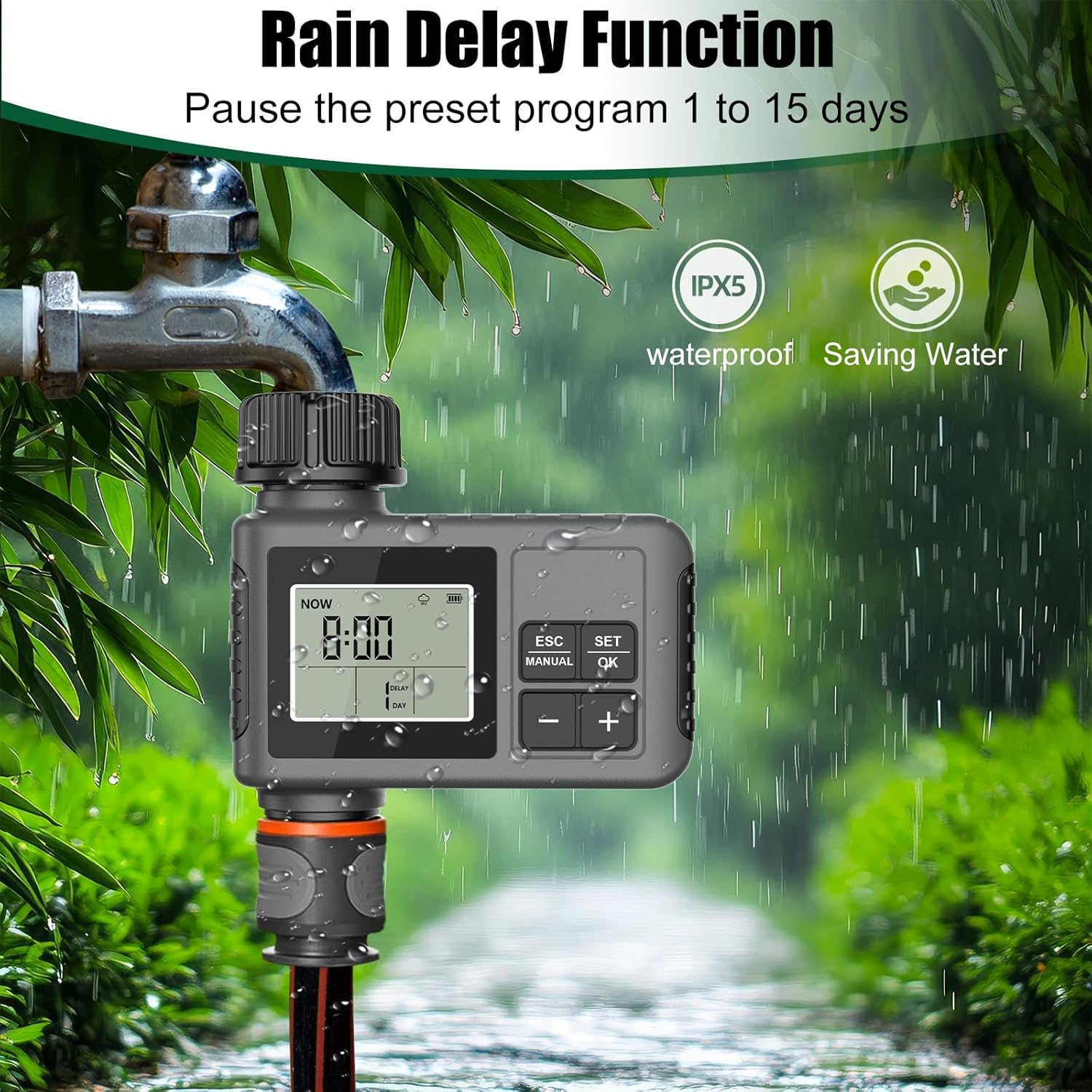 HUAJUN Water Timer for Garden Hose, Programmable Digital Sprinkler Timer with Manual & Automatic Modes, Tap Timer Outdoor with IPX5 Waterproof Design and Rain Delay for Yard, 1 Outlet image number 5