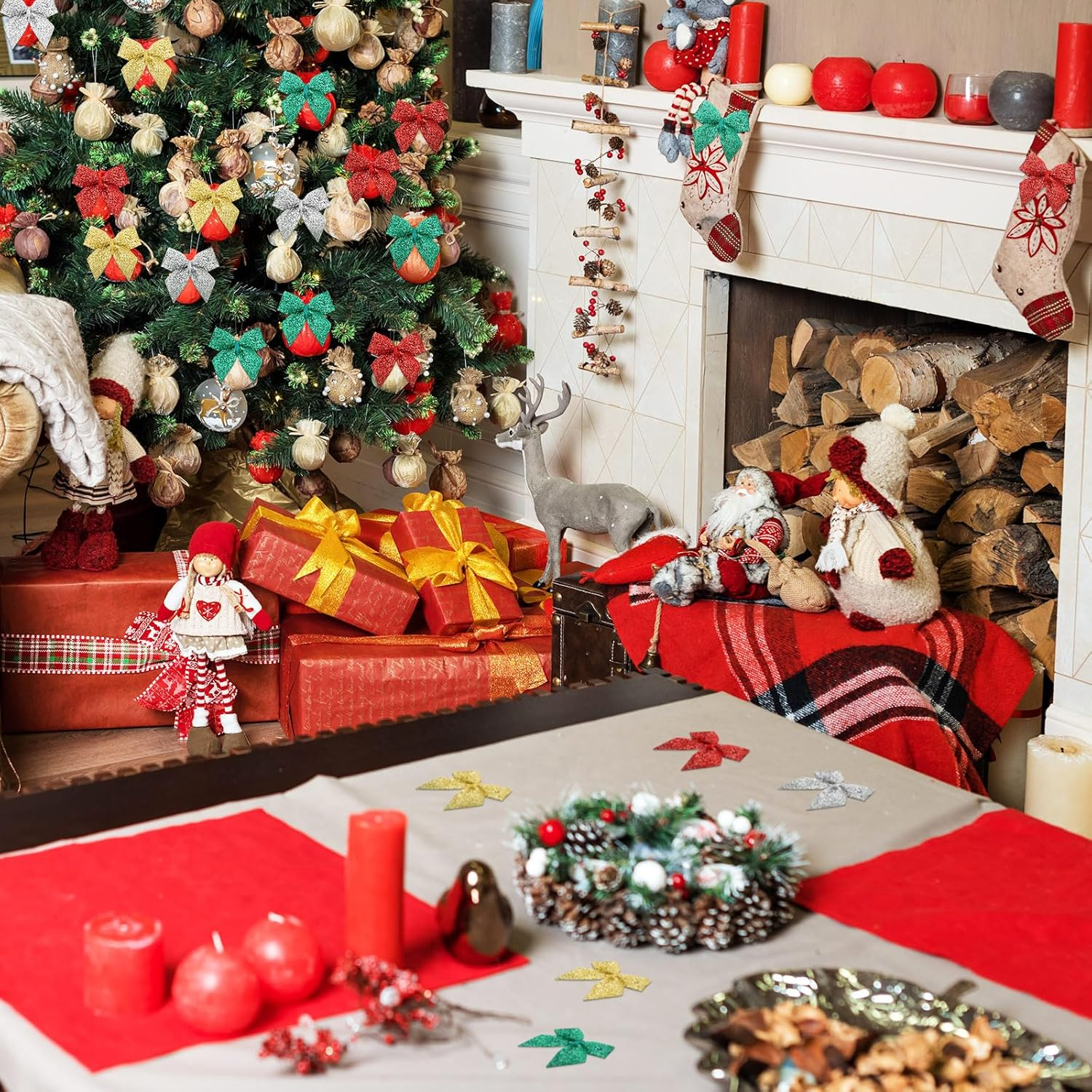 Syhood 150 Pcs Christmas Mini Bow Tiny Twist Tie Handmade Craft Ribbon Hair Small Holiday Bow Craft Supply for DIY Sewing Party Decor(Classic Color, Glitter) - Dark Greenbeige image number 4