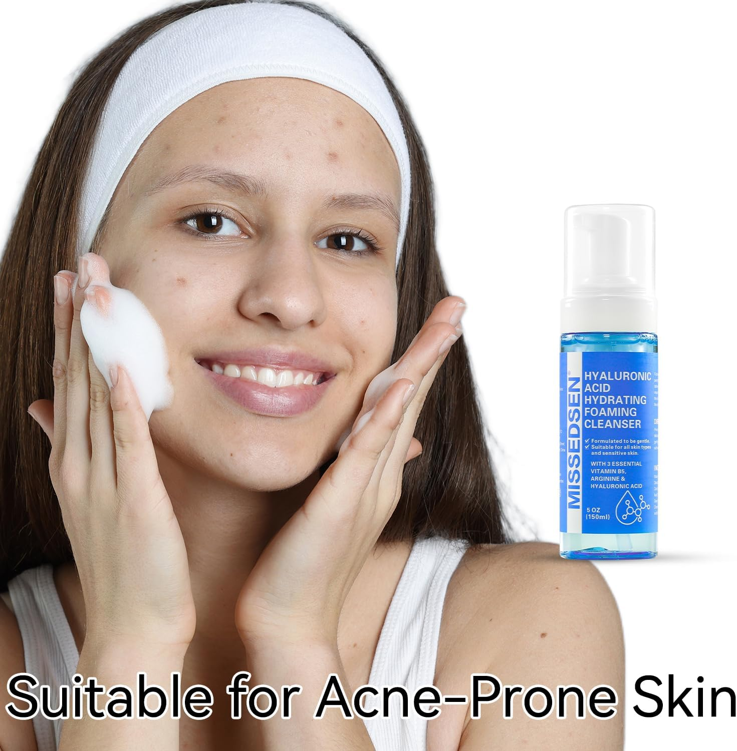 MISSEDSEN Face Wash, Hyaluronic Acid Foaming Cleanser for Oily and Sensitive Skin, Fragrance Free, 150Ml image number 3