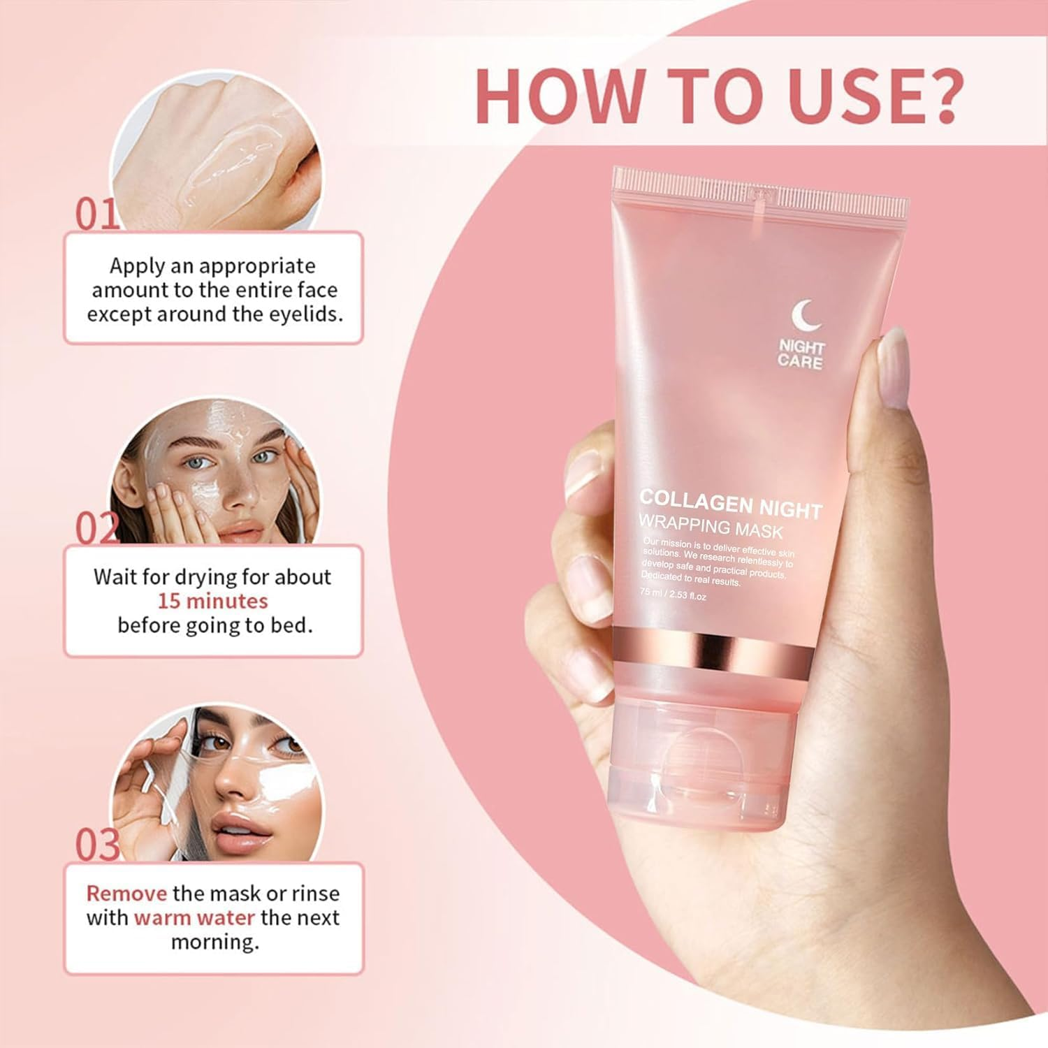 Collagen Night Wrapping Mask Peel-Off Overnight Collagen Face Mask - Deeply Hydrates & Firming & Glowy - Reduce Sagging & Wrinkle for Glowing Skin 75Ml with Mask Applicator image number 2