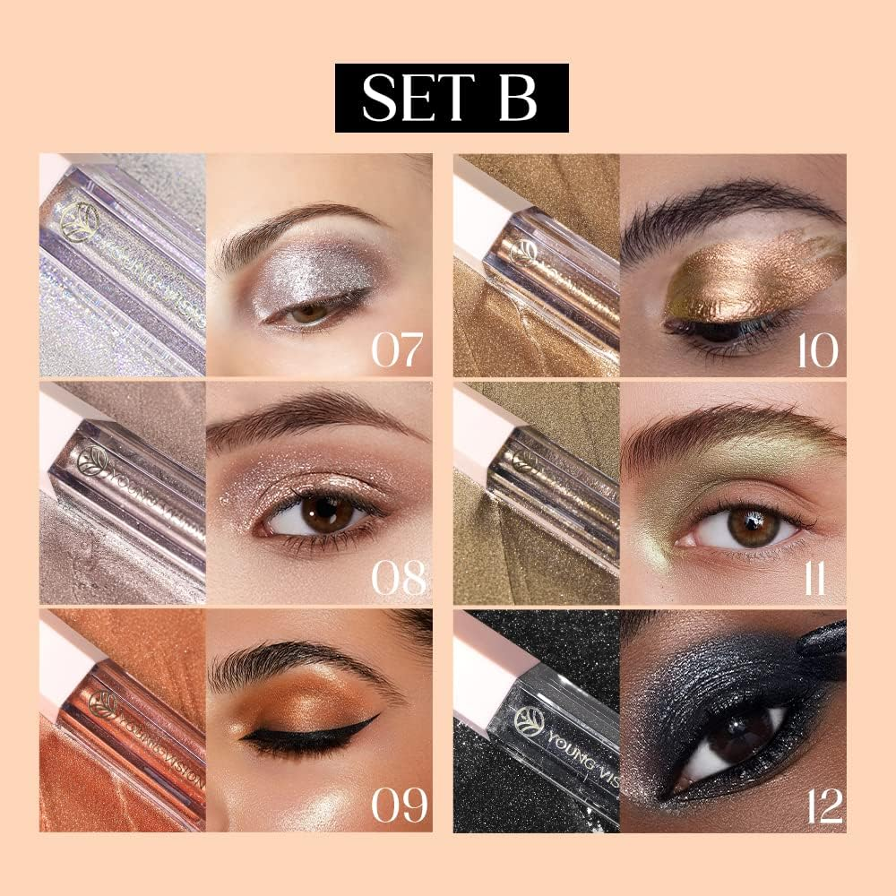 Balee 6PCS Liquid Glitter Eyeshadow, Sparkling Eyes Shadow Metallic Makeup Set with Opaque & Gel-Based Formula Creating Highlighter and Multi-Dimensional Eye Looks (Set B)