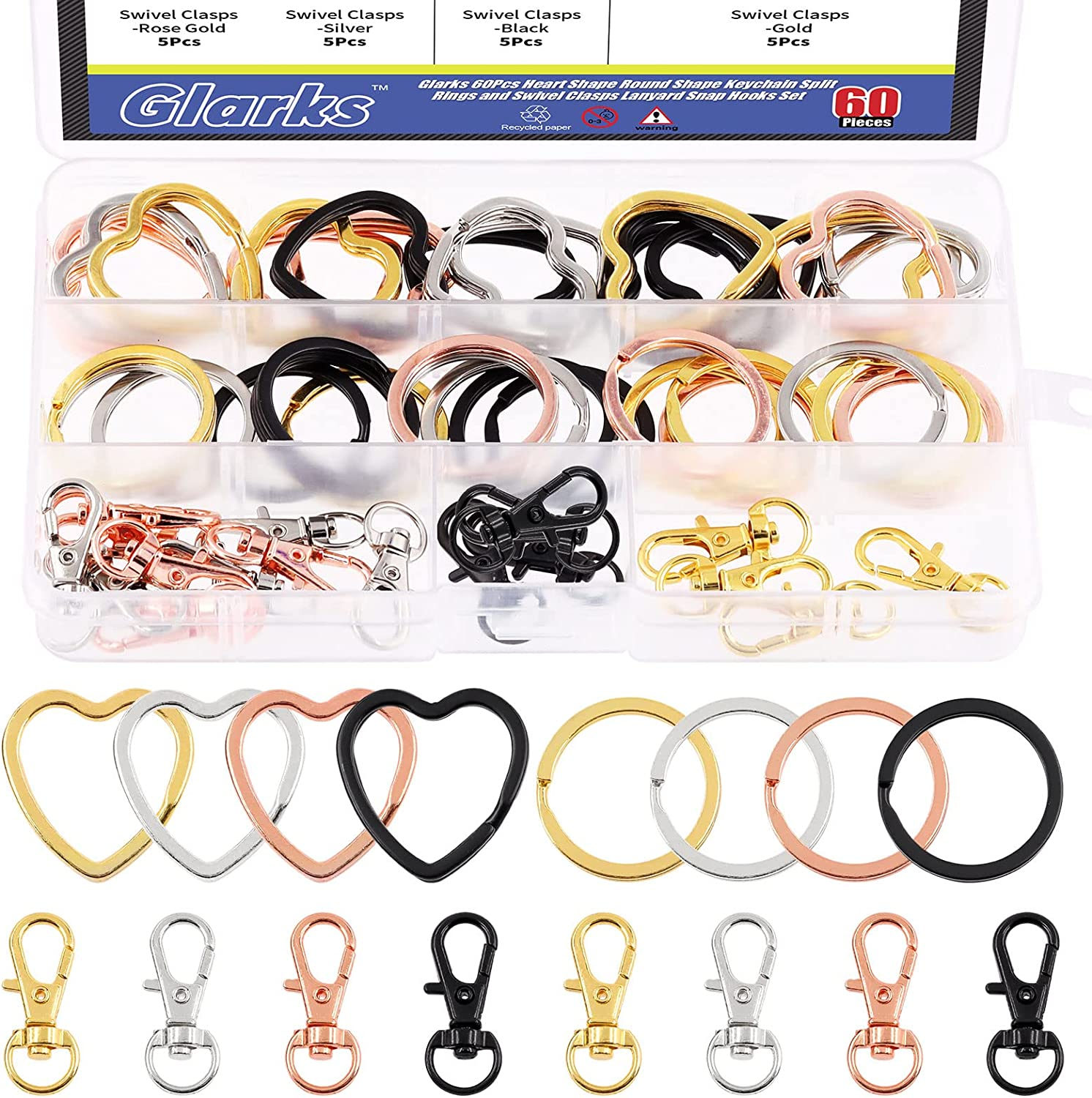 Glarks 60Pcs Flat Key Chain Ring Kit, 4 Colors Creative Heart Shape and round Shape Keychain Split Key Rings with Swivel Clasps Lanyard Snap Hook for Car Home Keys Organization, Arts Crafts, Lanyards image number 1