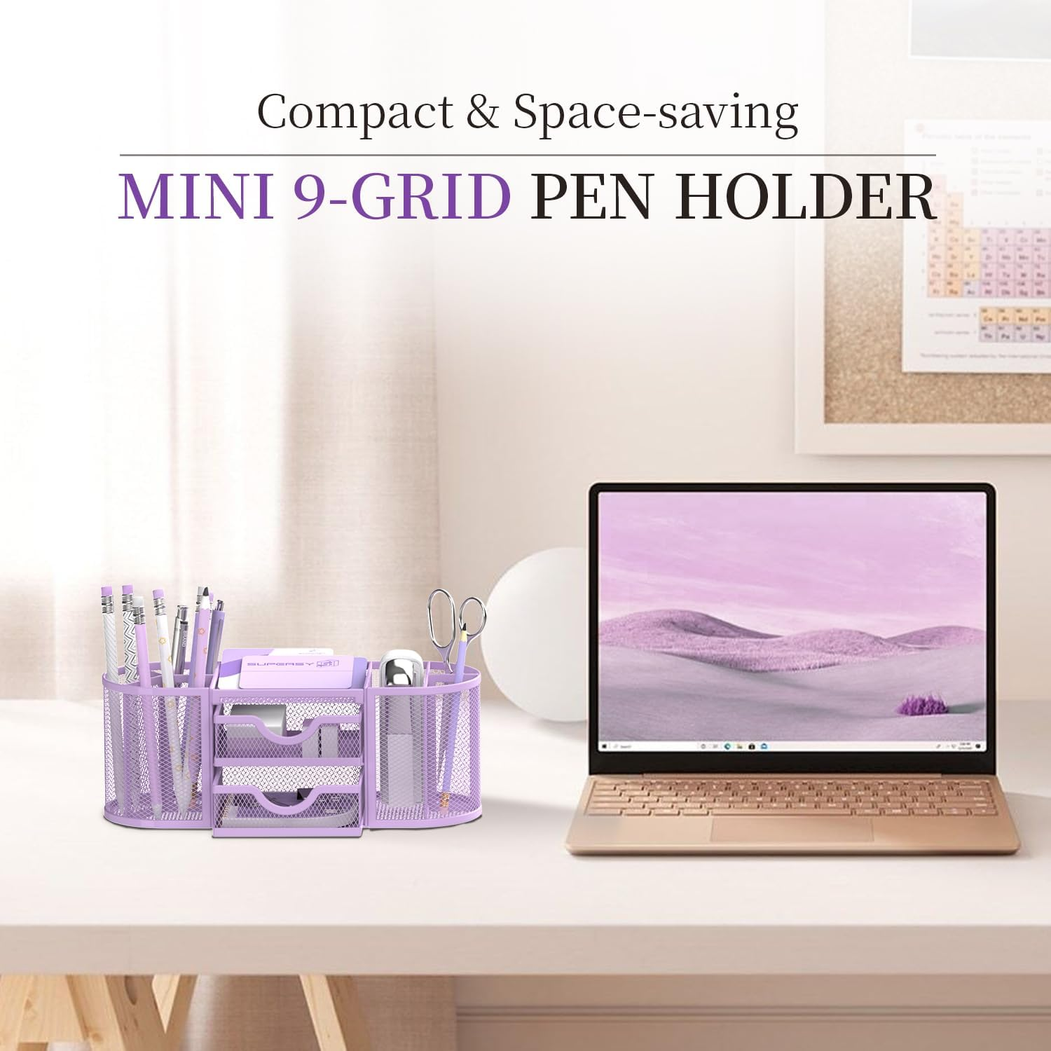 SUPEASY Mesh Desk Organizer, Desk Organizers and Accessories, Pen Holder with Drawers, Pencil Holder for Desk with 2 Drawer for Office Supplies, Purple image number 4