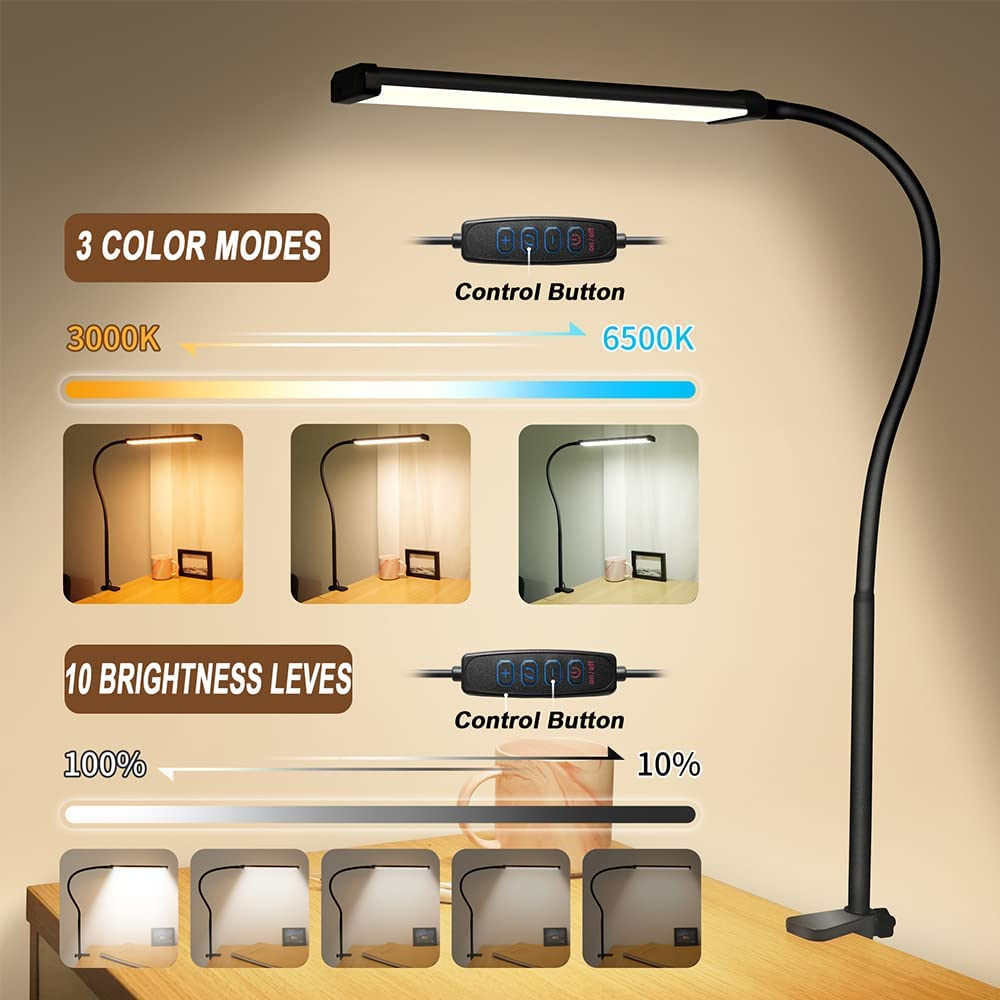 Desk Lamp, LED Desk Lamps for Home Office with Clamp 3 Color Modes & 10 Brightness Levels Flexible Gooseneck LED Book Lights, Easy Clip on Reading Light for Headboard image number 2