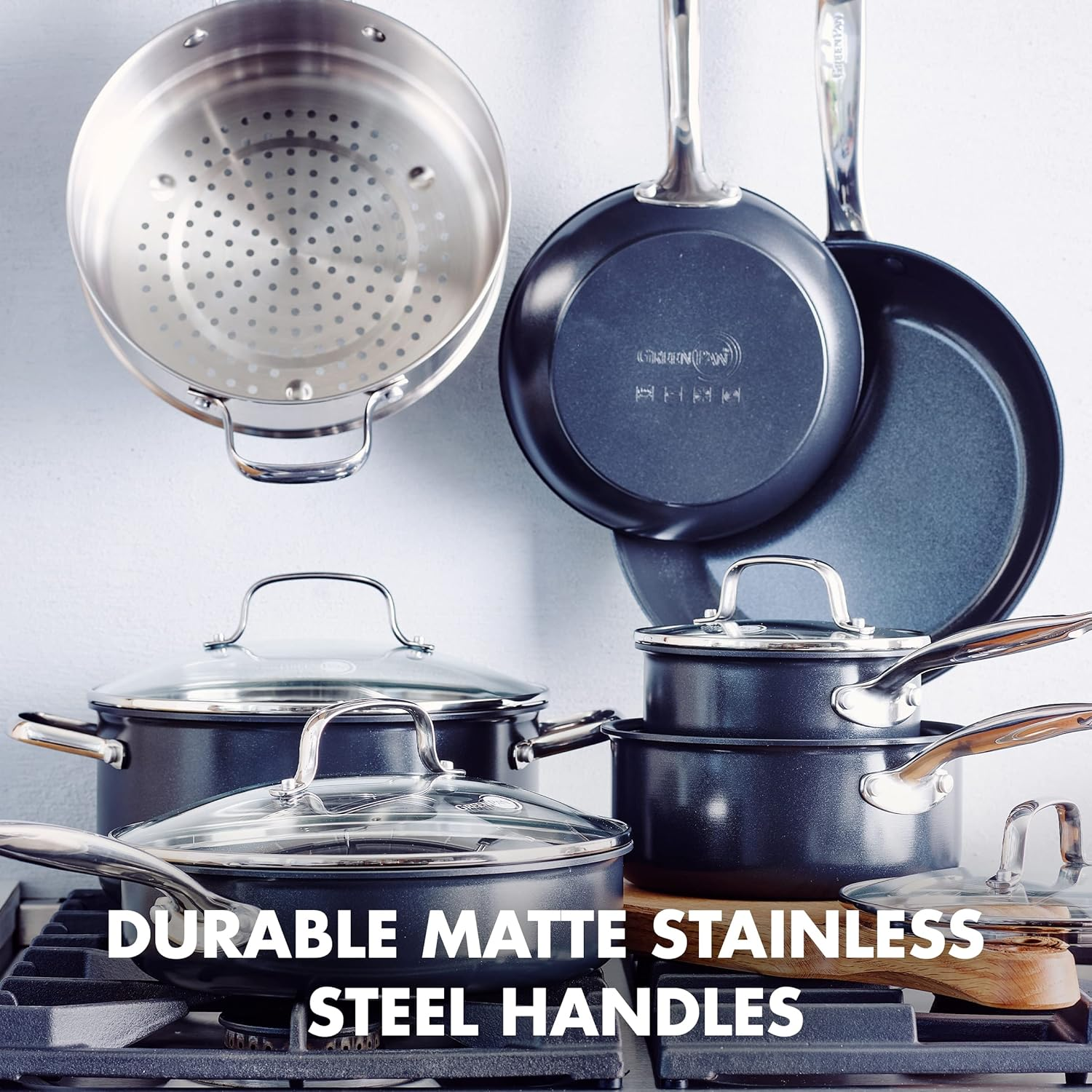 Greenpan Prime Midnight Hard Anodized Healthy Ceramic Nonstick 11 Piece Cookware Pots and Pans Set, Pfas-Free, Dishwasher Safe, Oven Safe, Black image number 4