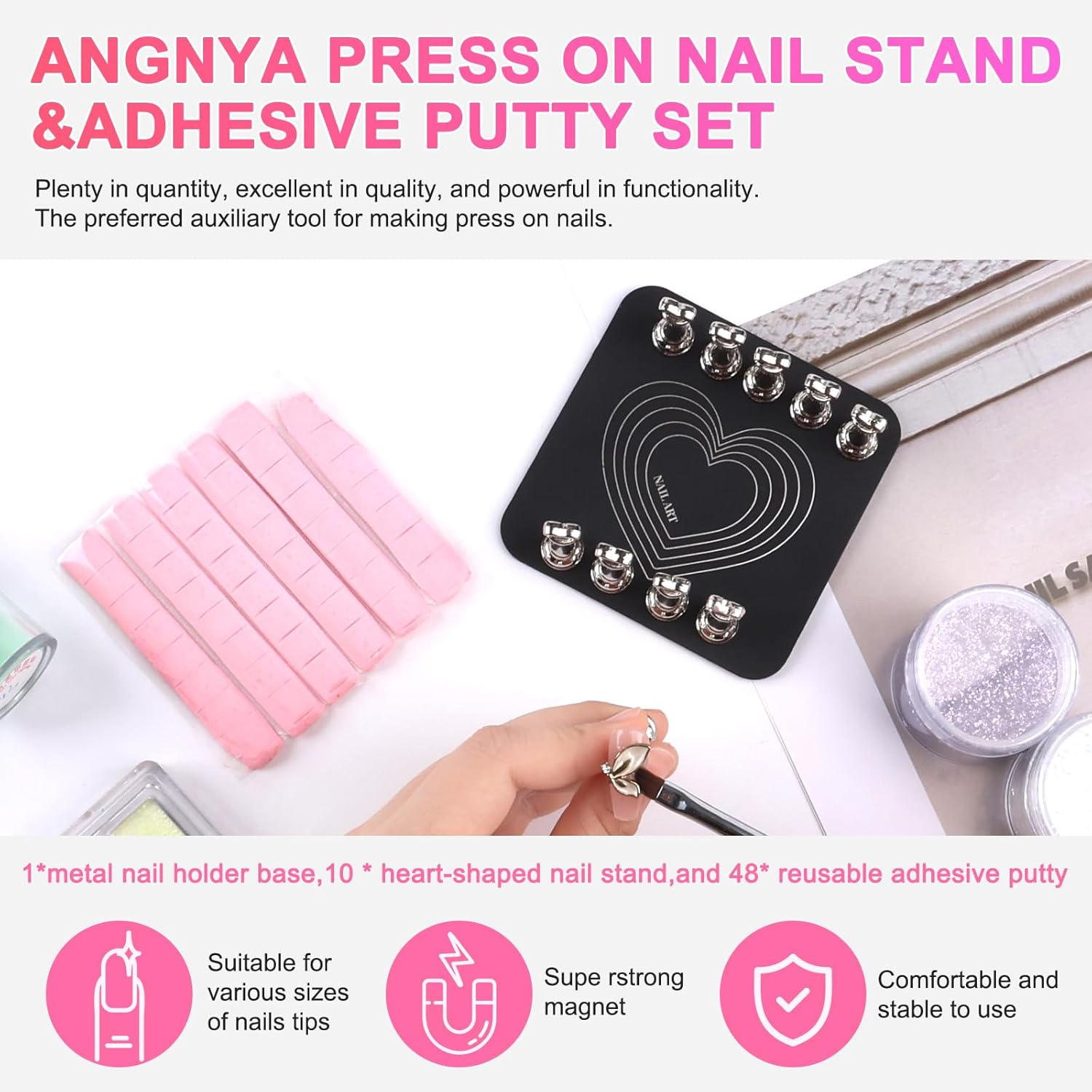 ANGNYA Nail Stand for Press Ons, Fake Nail Holder for Painting Nails, Super Magnetic Base for Painting Display Holder with Reusable Adhesive Putty for Home DIY Salon Supplies (Black) image number 6