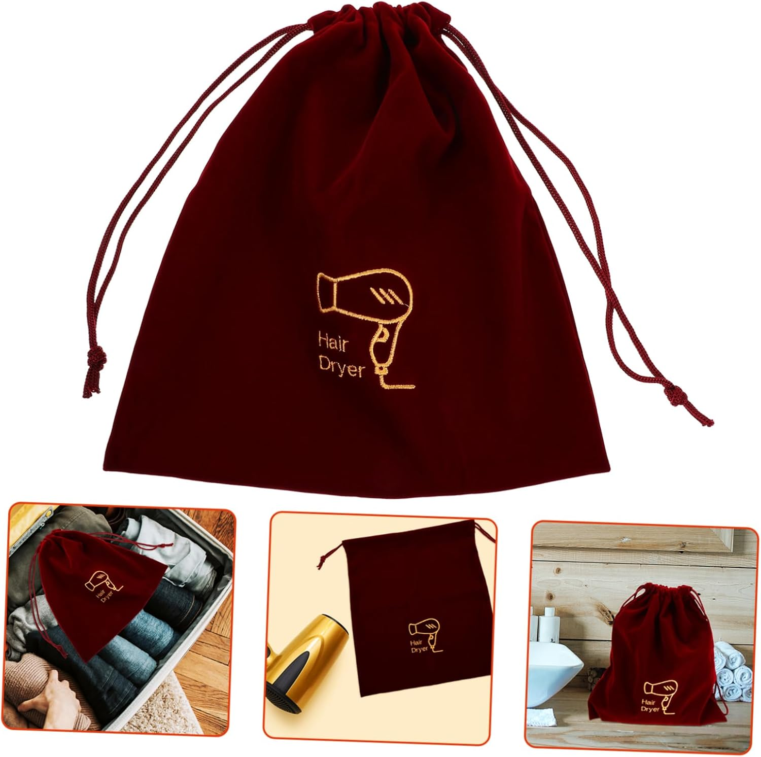 Drawstring Flannel Hair Dryer Bag 26X30Cm Velvet Travel Storage Organizer for Hair Styling Tools Portable Hairdryer Case in Maroon