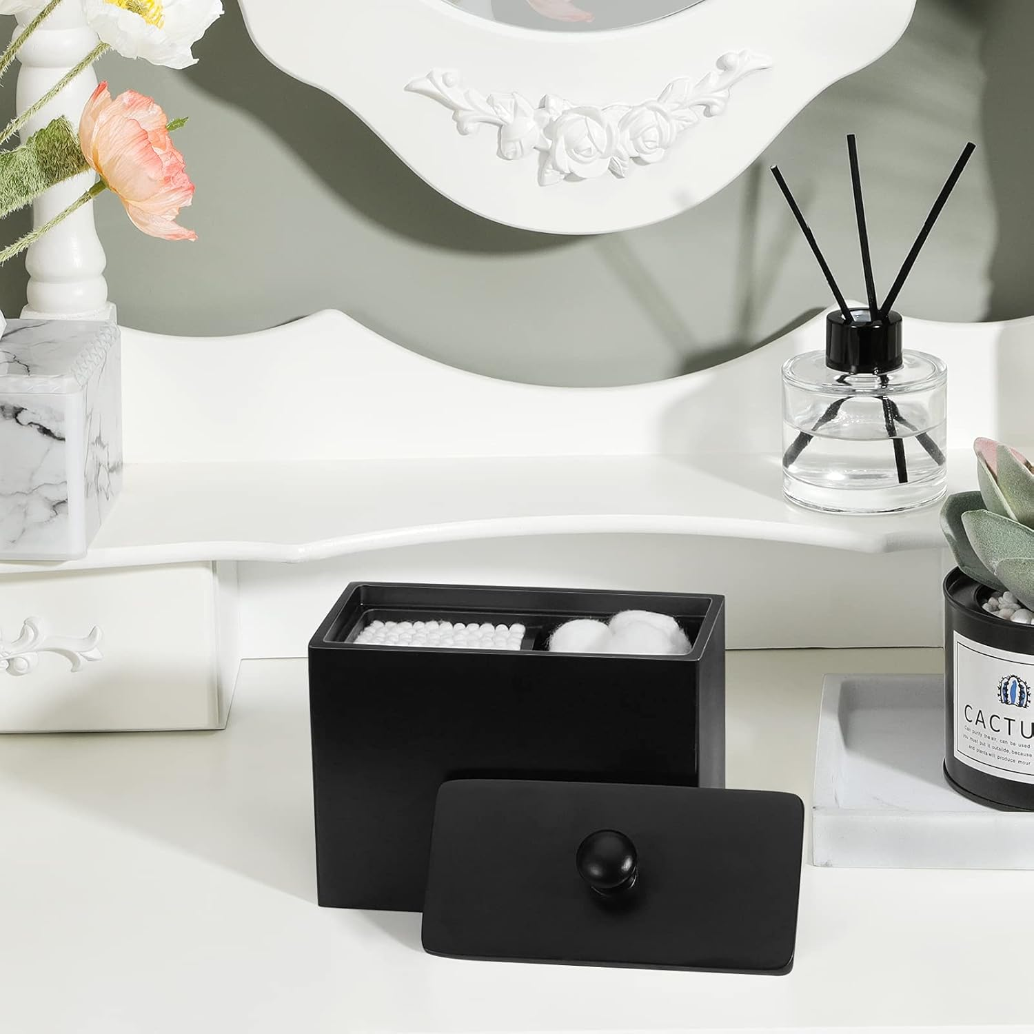 Luxspire Cotton Swab Holder, Qtip Holder Dispenser with Lid, 2 Compartments Cotton Ball Organizer, Bathroom Container, Q Tip Jar, Floss, Bathroom Accessories - Matte Black - Matte Black image number 6