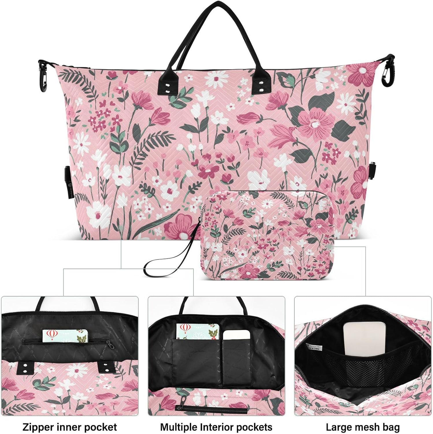 Luggage Travel Bag Overnight Bag Trendy Floral Mid Century Modern Tote Bag with Adjustable Strap for Gym Waterproof, Trendy Seamless Floral Mid Century Modern, Set of 2, Art Deco image number 3