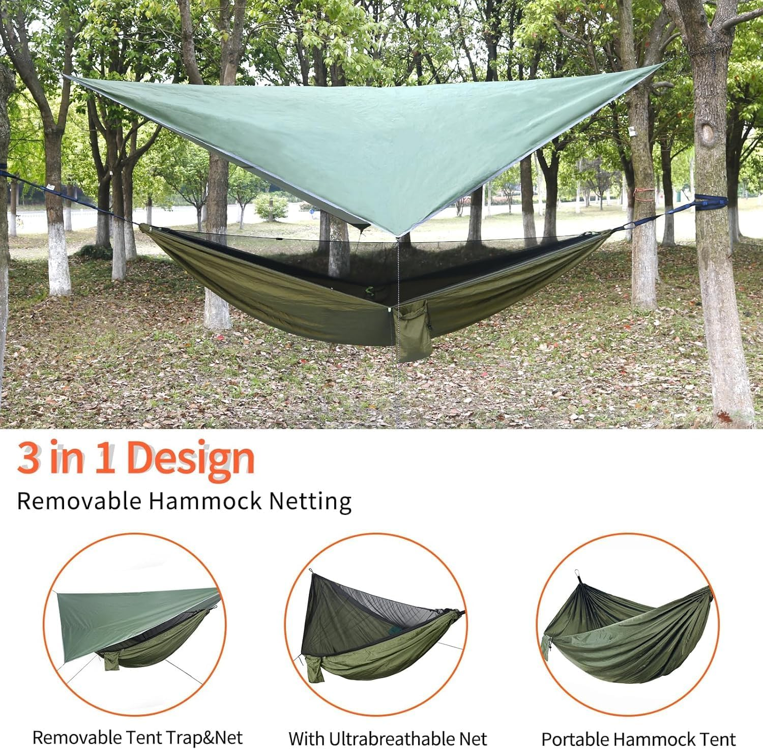 Dxzephious Camping Hammock with Rain Fly Tarp and Mosquito Net Portable Single Double Hammock Tent with Tree Strap Backpacking Hammock with Rain Cover for Hiking Travel Yard Activities Green image number 5