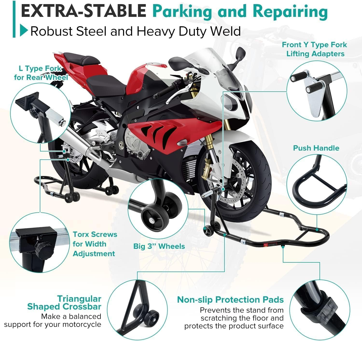 Motorcycle Stand Lift, 850Lbs Front Rear Combo Stand Lift Stand, Front Wheel Fork Stand, Rear U+L Fork Swingarm Spool Stand, Compatible with Most Yamaha Honda Kawasaki Suzuki Motorcycles image number 4
