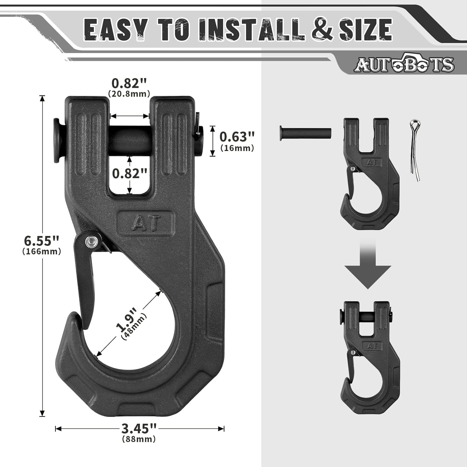 AUTOBOTS 3/8" Winch Hook Heavy Duty, Max 20 Ton (45,000 Lbs), Forged Steel ATV Winch Hook with Safety Latch, Winch Tow Clevis Slip Hook for Synthetic Rope Winch Cable ATV UTV, Black