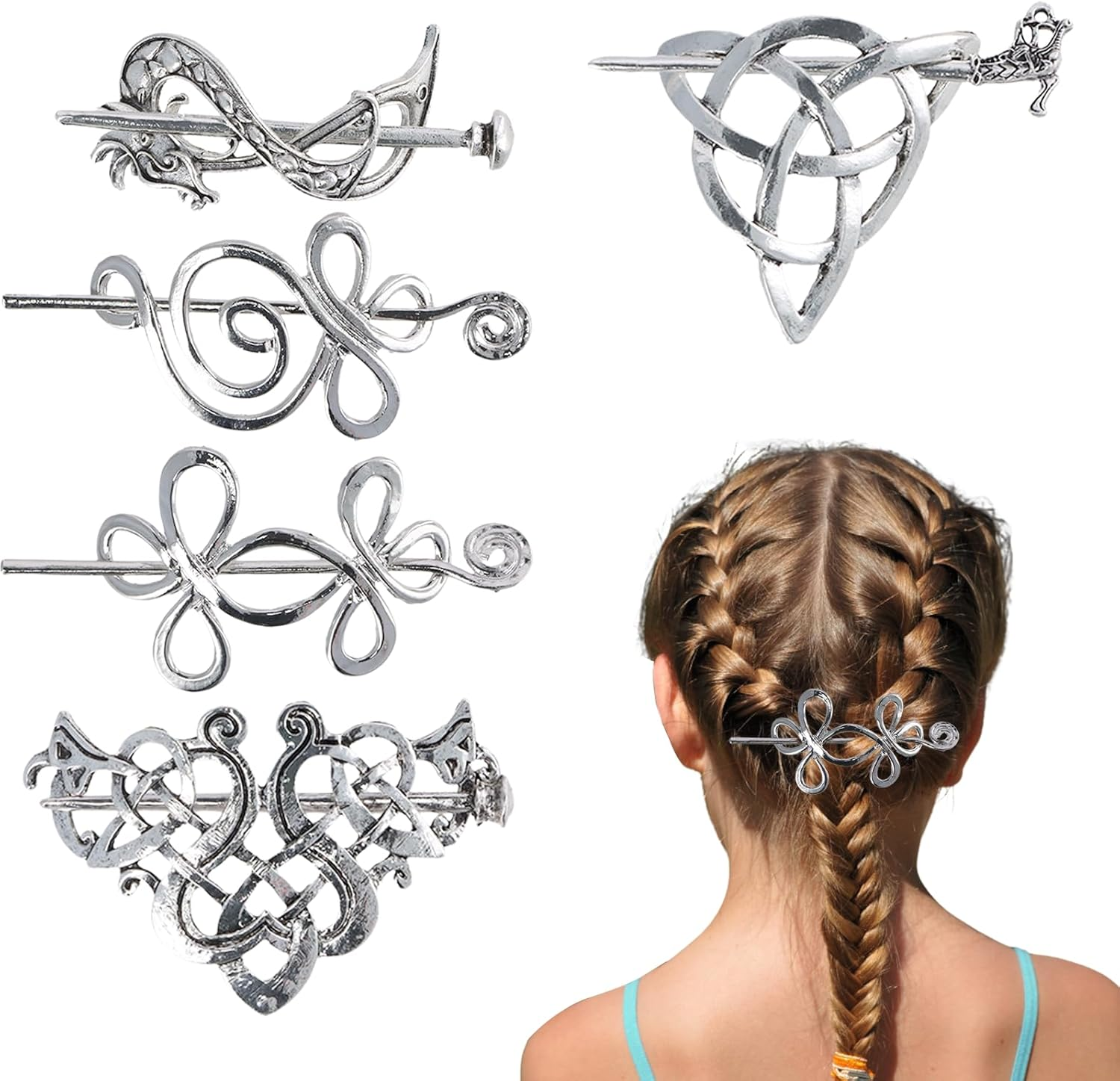 Amexo Pack of 5 Celtic Viking Hair Clips, Vintage Hair Clip Hair Pins Minimalist Metal Knot Hair Stick Knot Hair Clip Retro Hair Accessories for Girls Women (Silver) image number 6