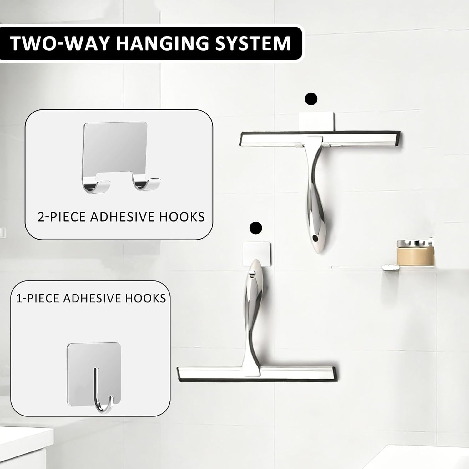 Rubber Blade Shower Squeegee for Glass Doors, Stainless Steel Squeegee with 2 Adhesive Hooks Replacement, Bathroom Window Squeegee for Home, Tile Wall, Mirrors Glass Wiper Cleaning Tool image number 1