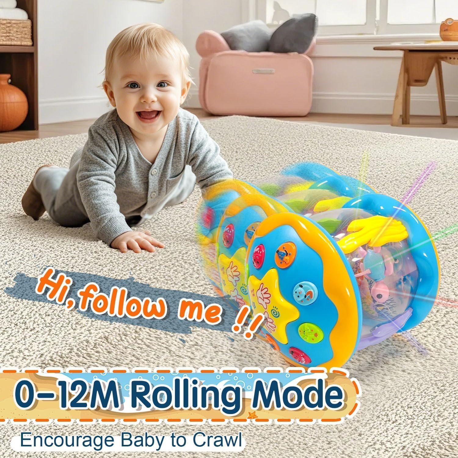 Baby Toys 12 to 36 Months Babies Ocean Rotating Projector Colors Lights Musical Toys 12-36 Months Crawling Learning Infant Toys for Toddlers 1 2 3 Years Old Baby Christmas and Birthday Gift image number 2