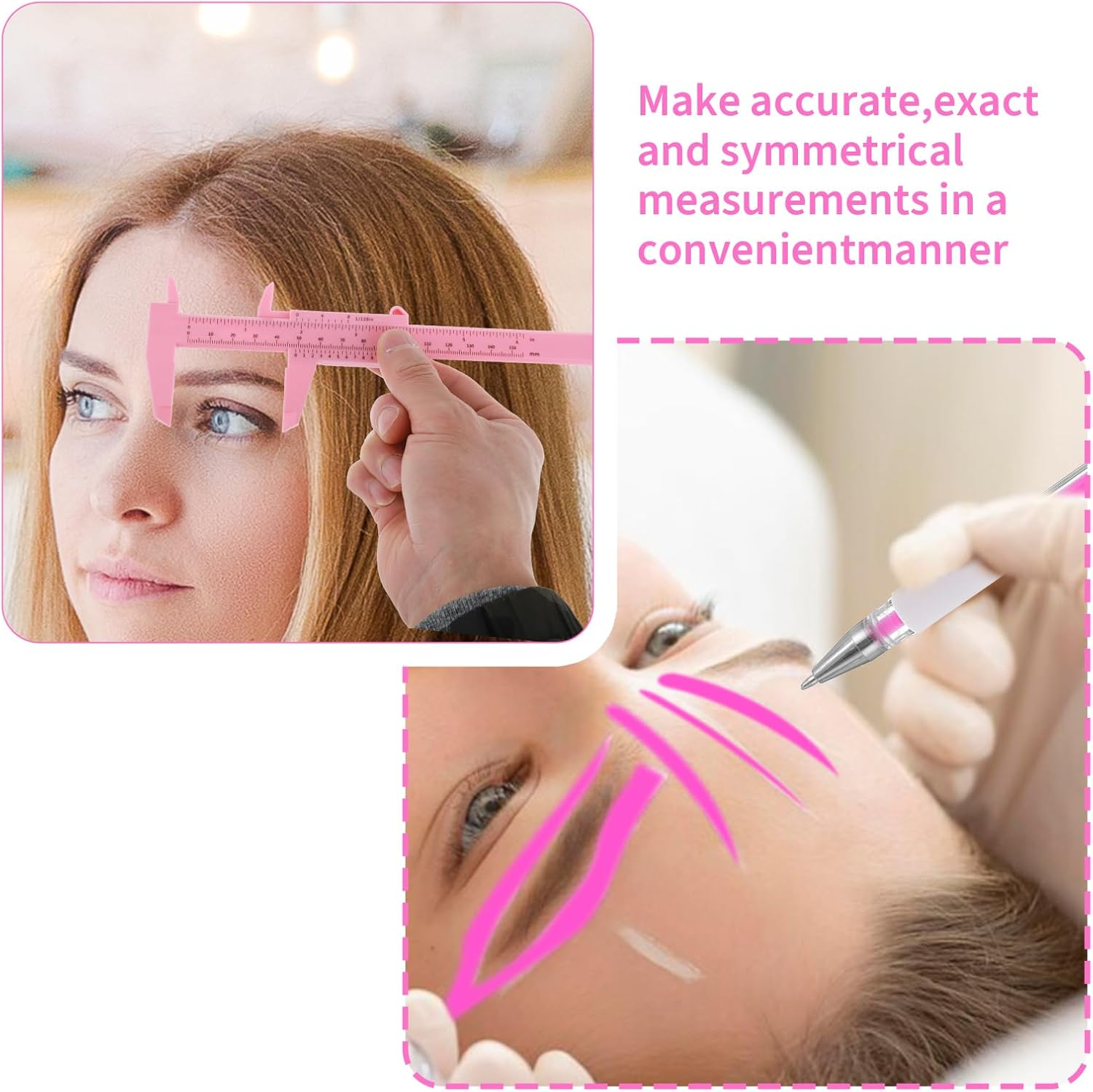 Eyebrow Microblading Marker Pen, 2 Pcs Brow Mapping Pens with with 4 Replacement Refills and 1 Ruler, Makeup Tattoo Skin Marker Pen, Brow Lamination Supplies for Eyebrow Lip Skin(Pink)
