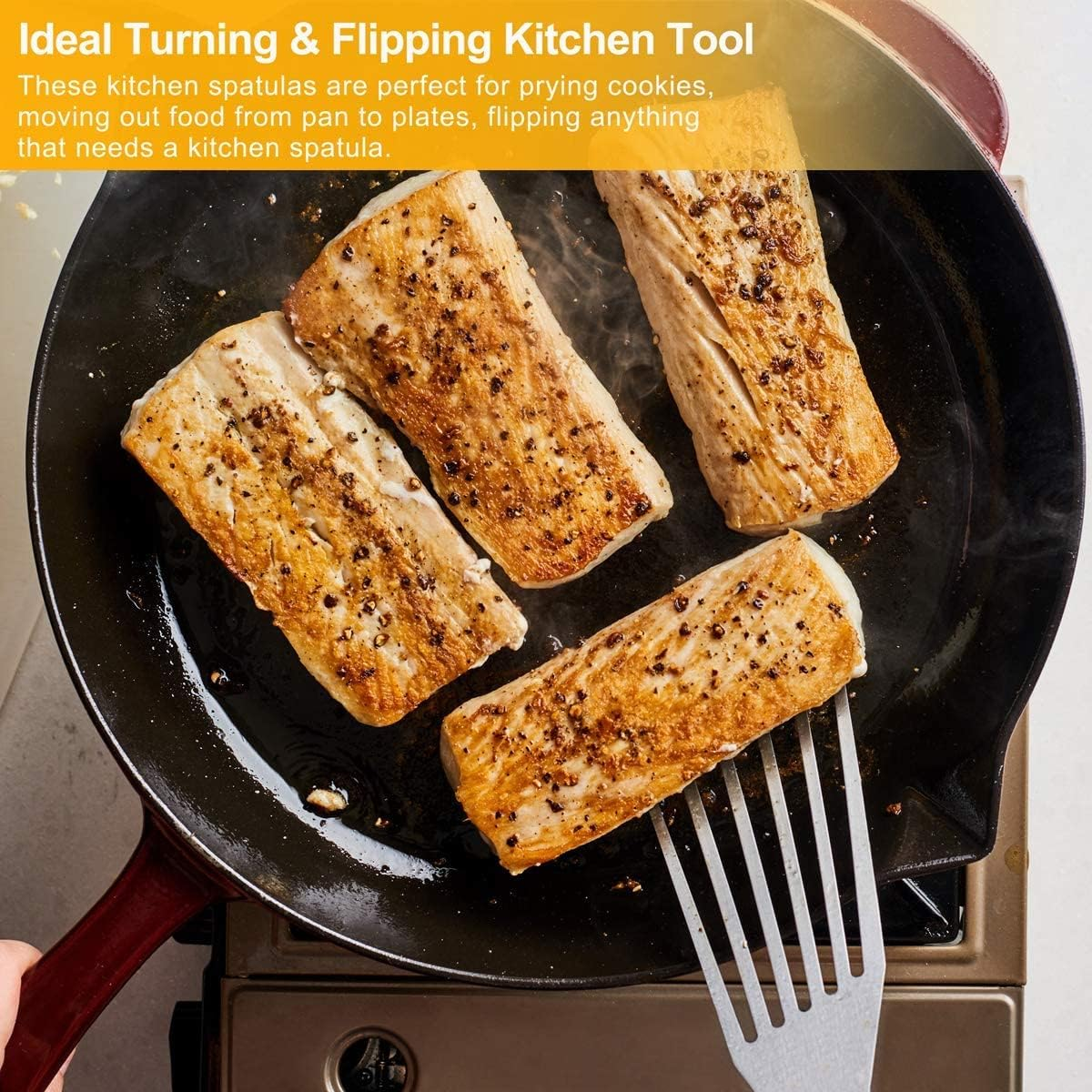 Fish Spatula with Curved Stainless Steel Blade Thin and Flexible Slotted Kitchen Turner Spatulas with Full Tang Handle Metal Flipper for Flipping Fish Egg Pancake 2X32X9CM Big Turner image number 6