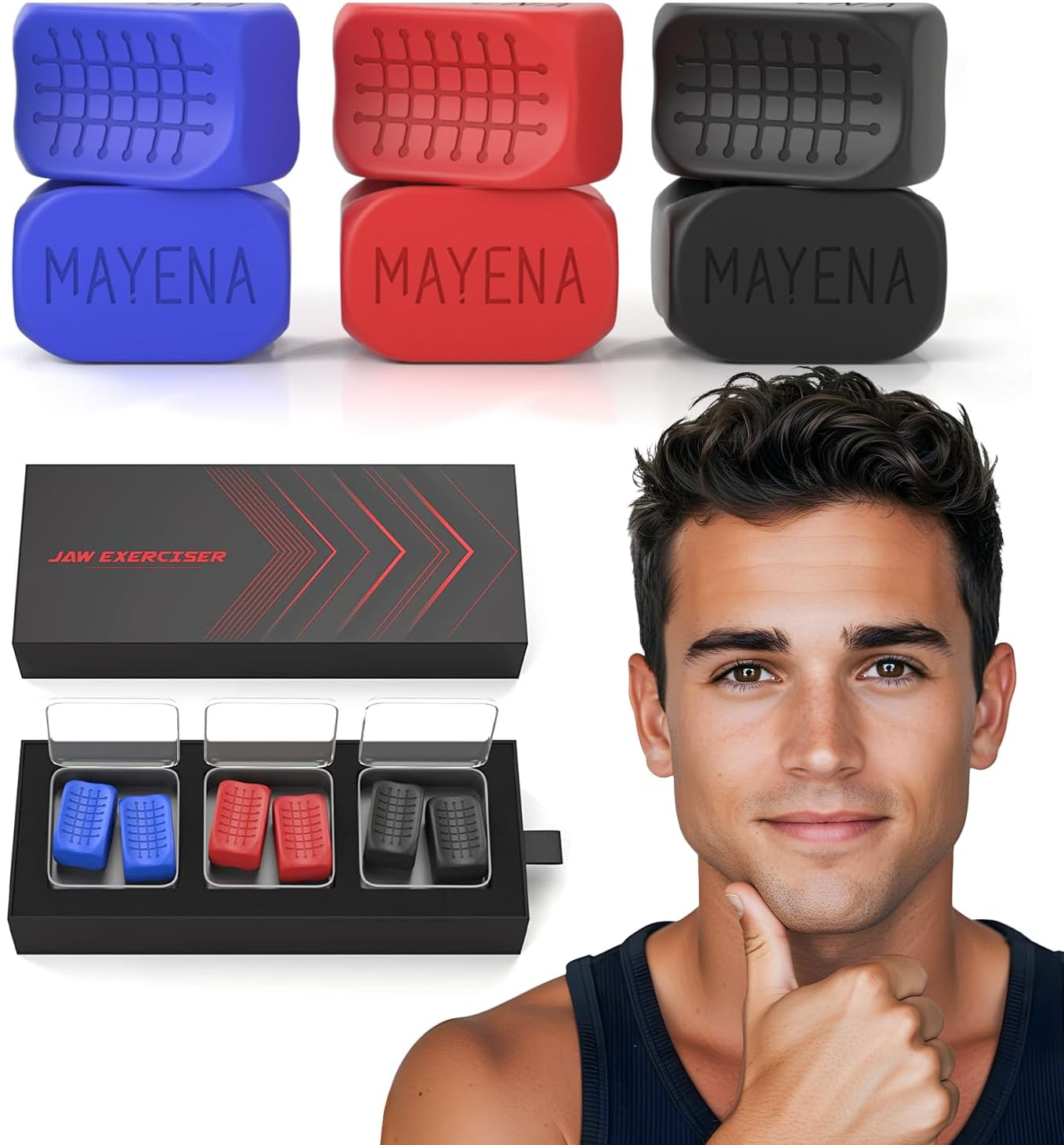 Mayena Jaw Exerciser for Men & Women | 3 Resistance Levels Silicone Jawline Shaper Set | Core Strength Upgraded Model | Powerful Jaw Trainer for Multiple Strength Levels | Slims & Tones the Face